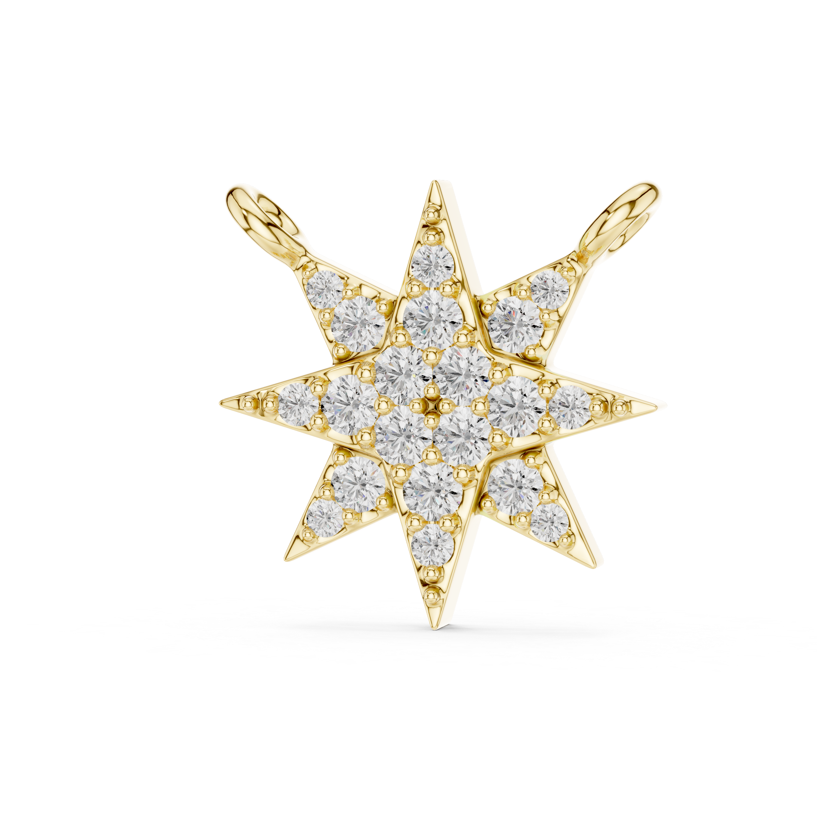 Gold star-shaped pendant with diamond accents on a white background