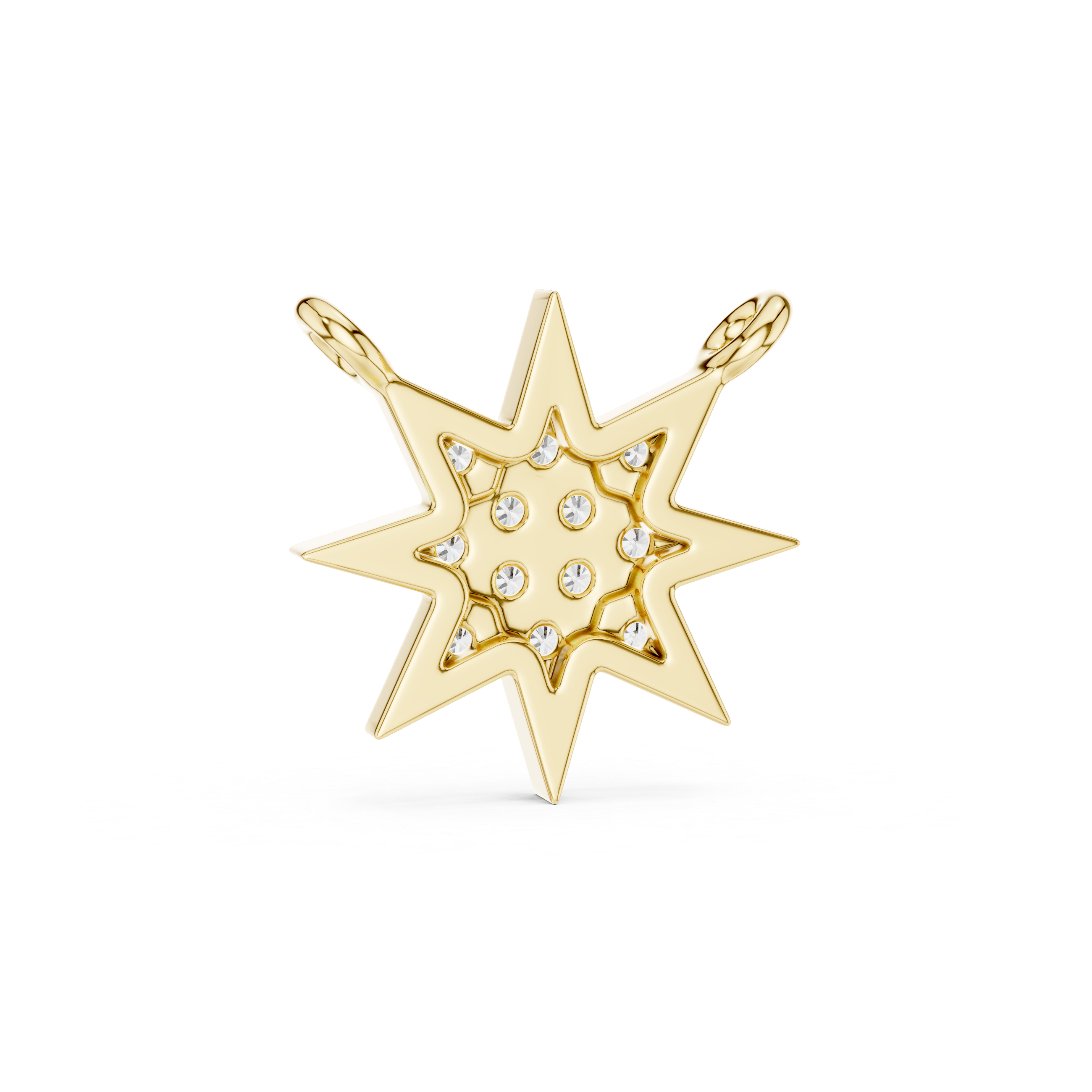 Gold star-shaped pendant with small diamonds on a white background