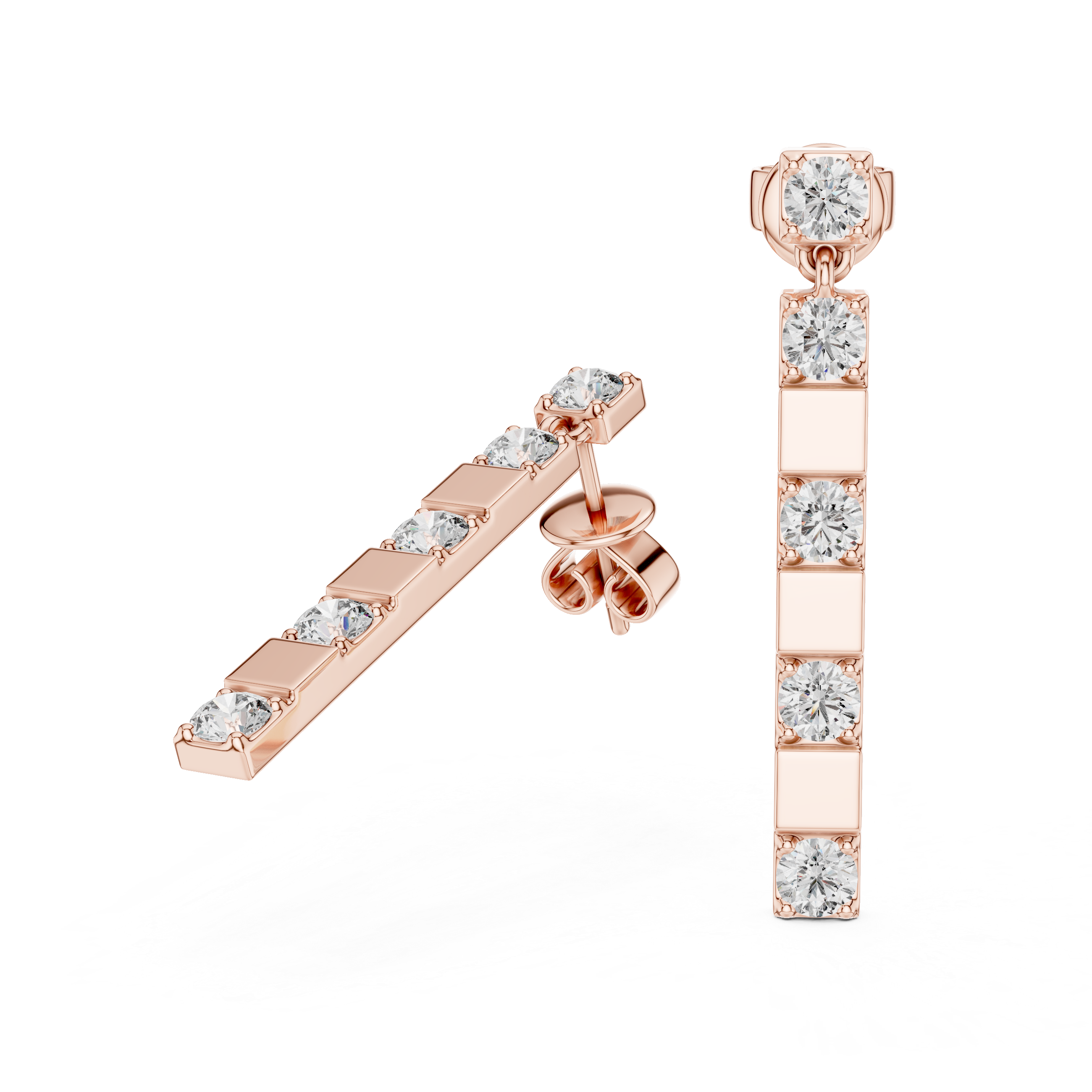 Rose gold earrings with clear gemstones on a white background