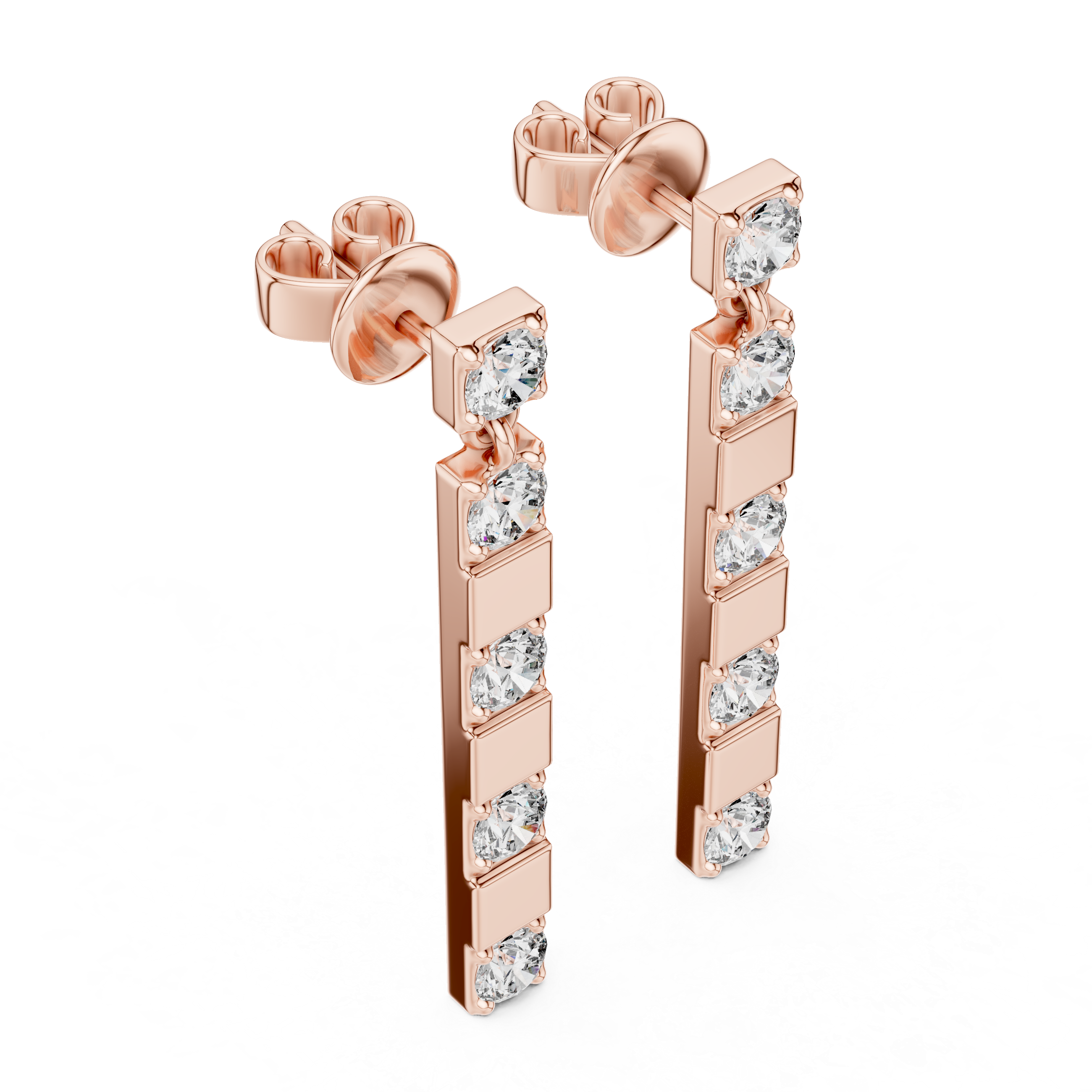 Rose gold earrings with clear gemstones on a white background