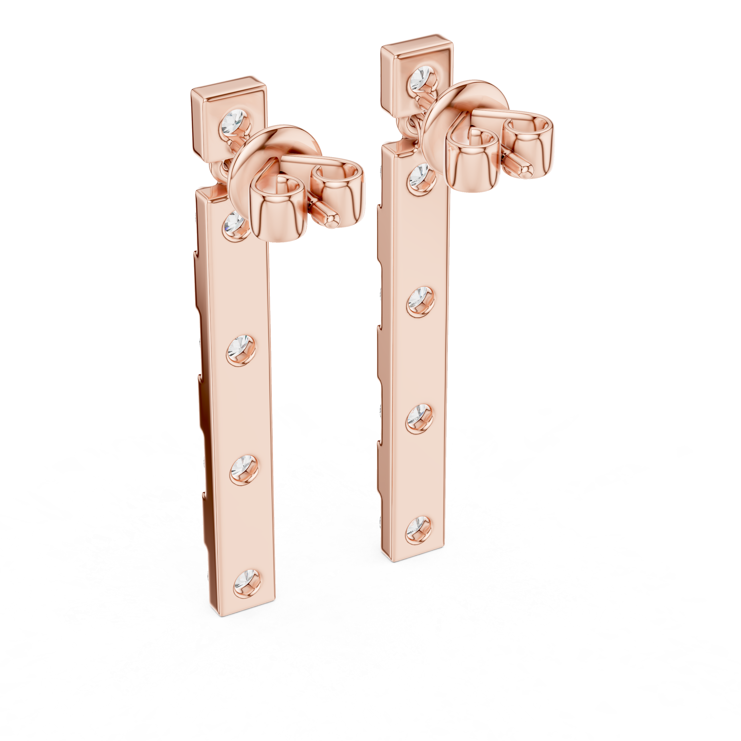 Rose gold earrings with diamond accents on a white background