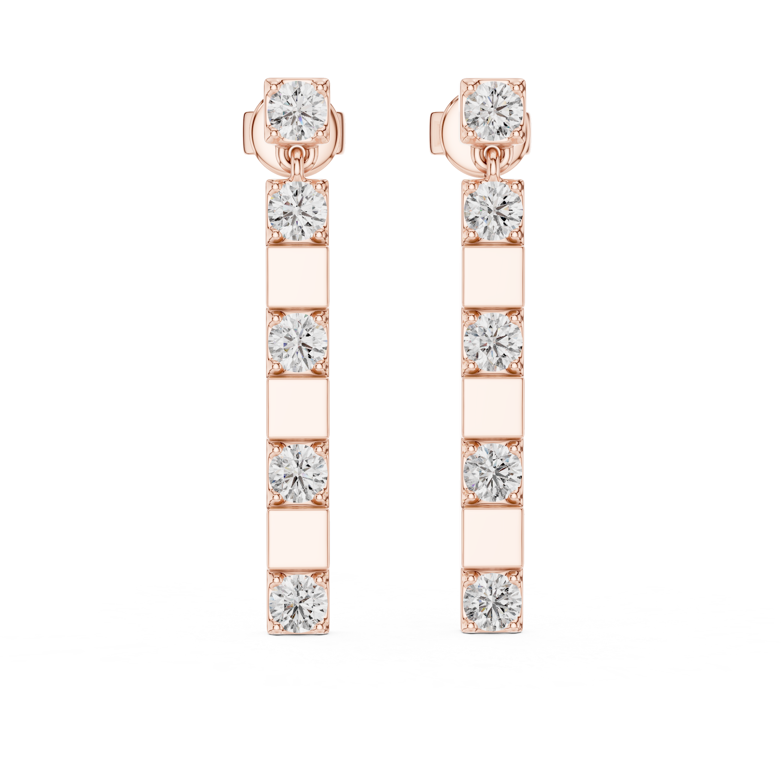 Rose gold earrings with clear gemstones on a white background