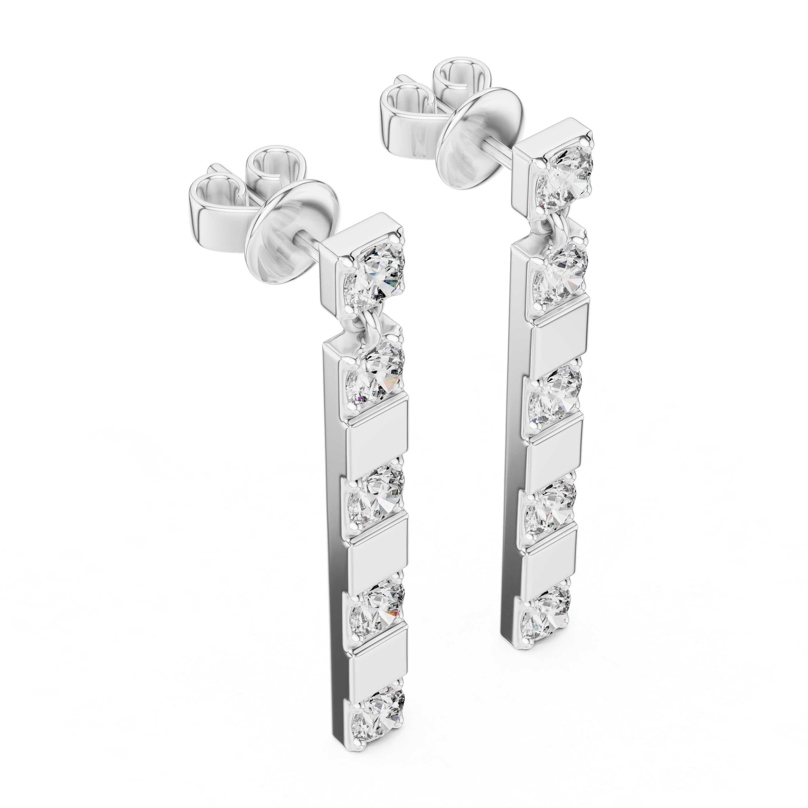 Silver earrings with clear gemstones on a white background