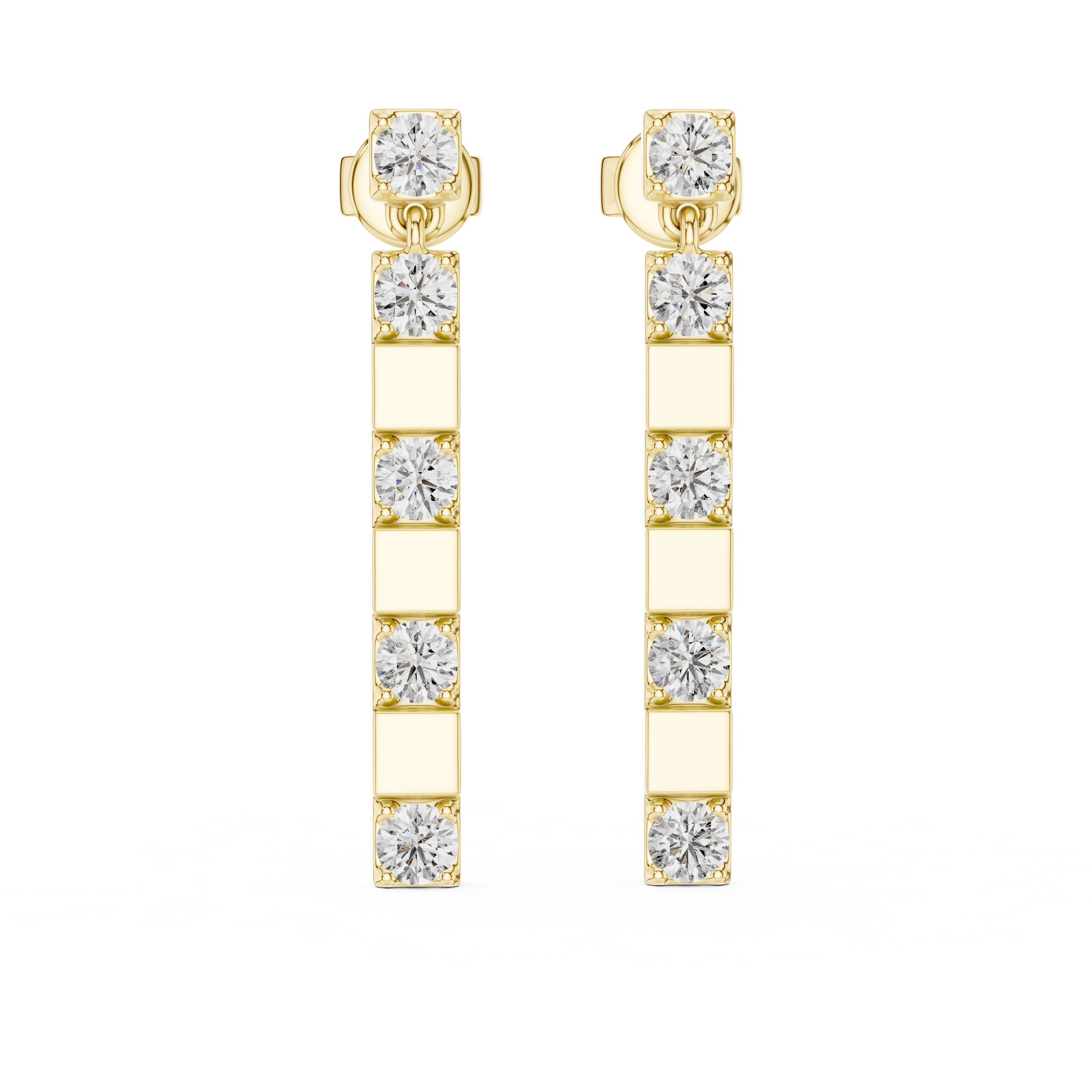 Gold and white bar earrings with clear gemstones on a white background