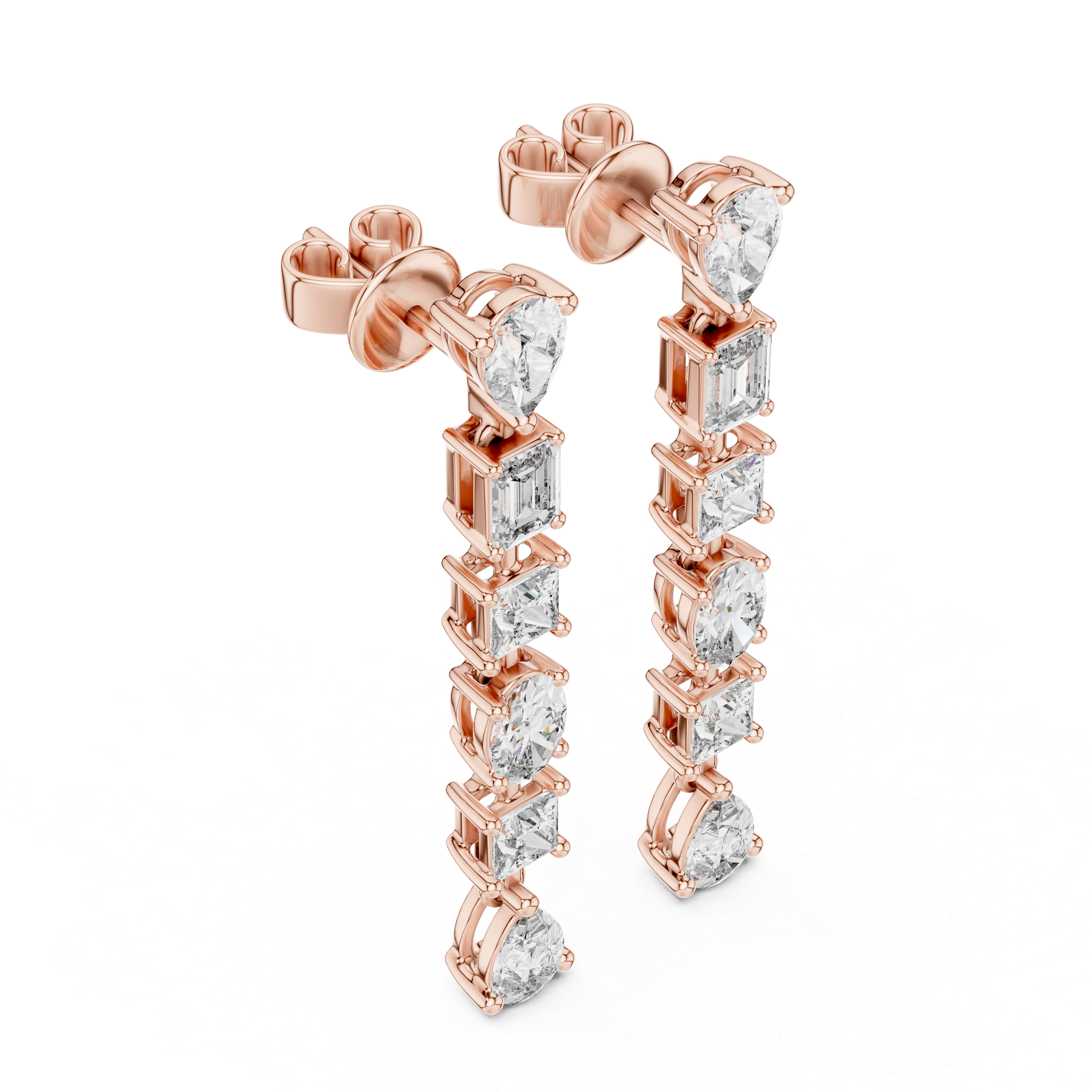 Rose gold earrings with clear gemstones on a white background