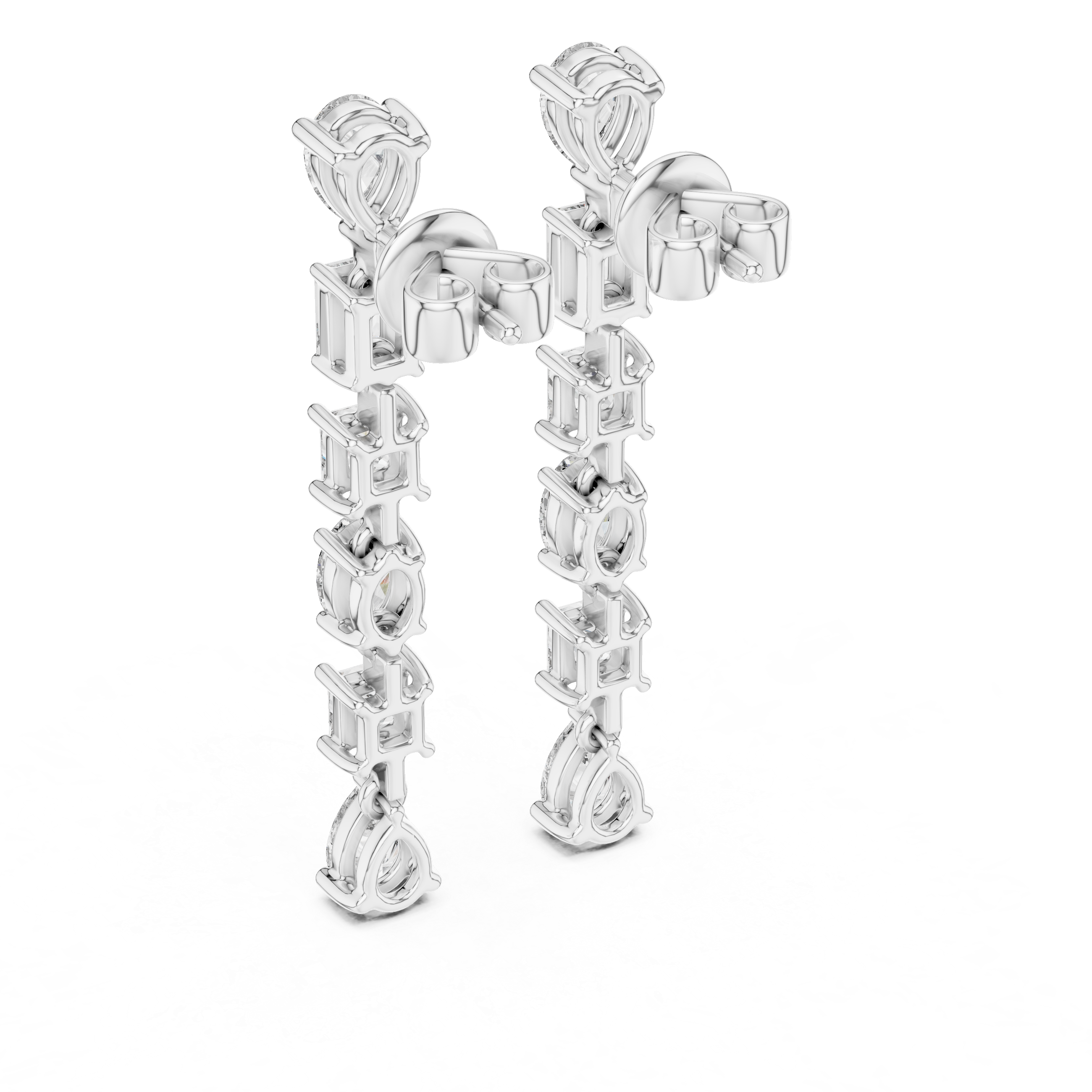 Pair of silver earrings with diamond-like stones on a white background