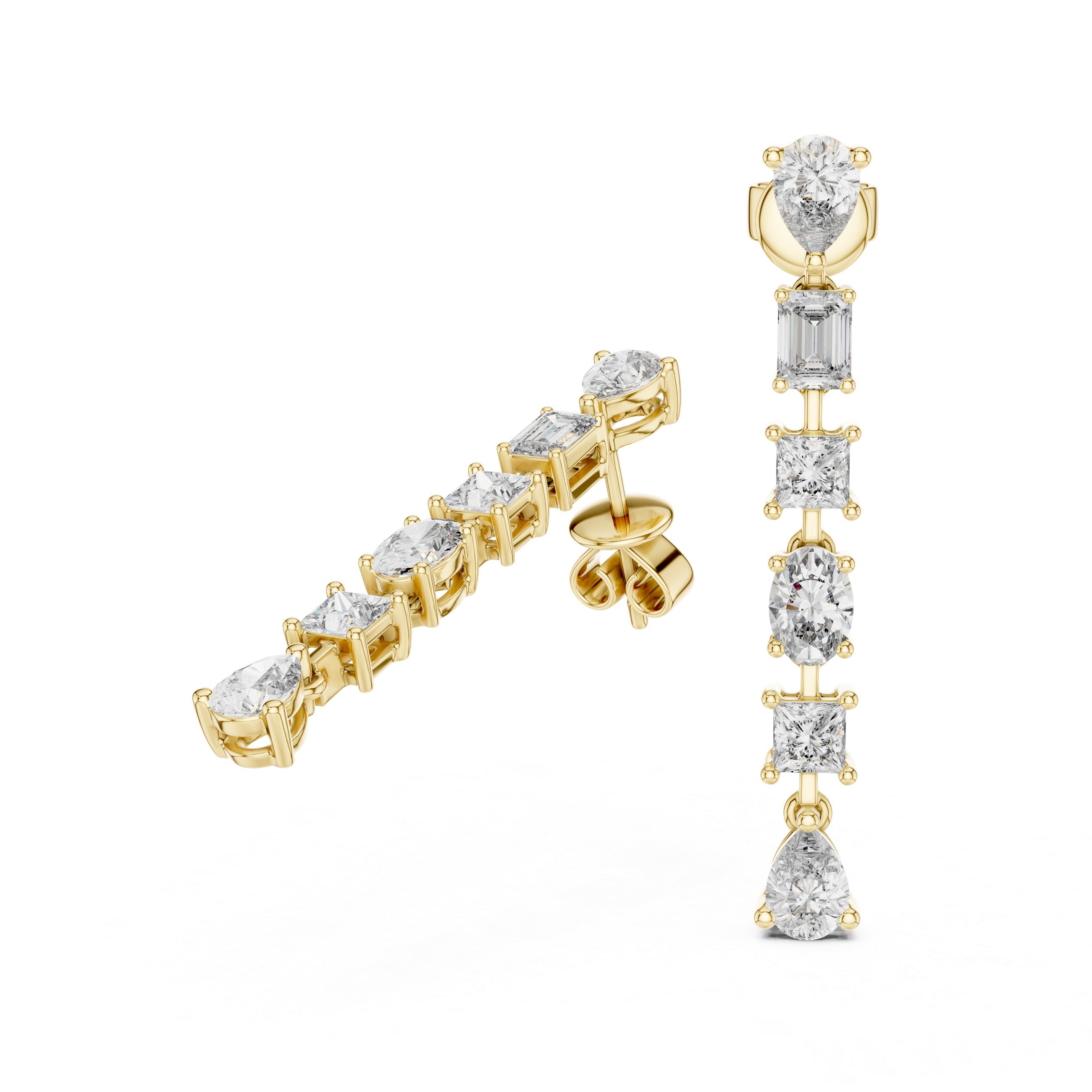 Gold and diamond earrings on a white background