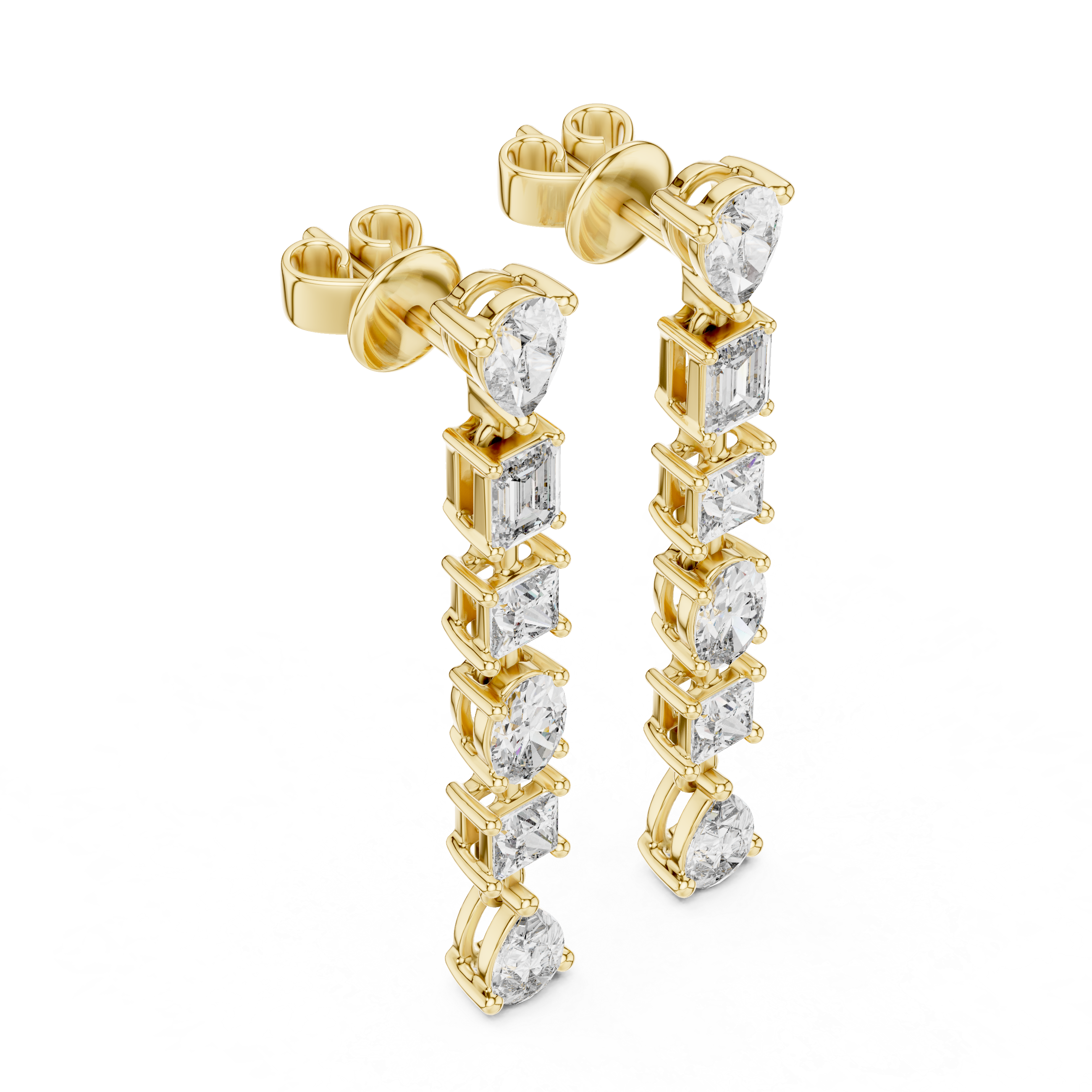 Gold earrings with clear gemstones on a white background