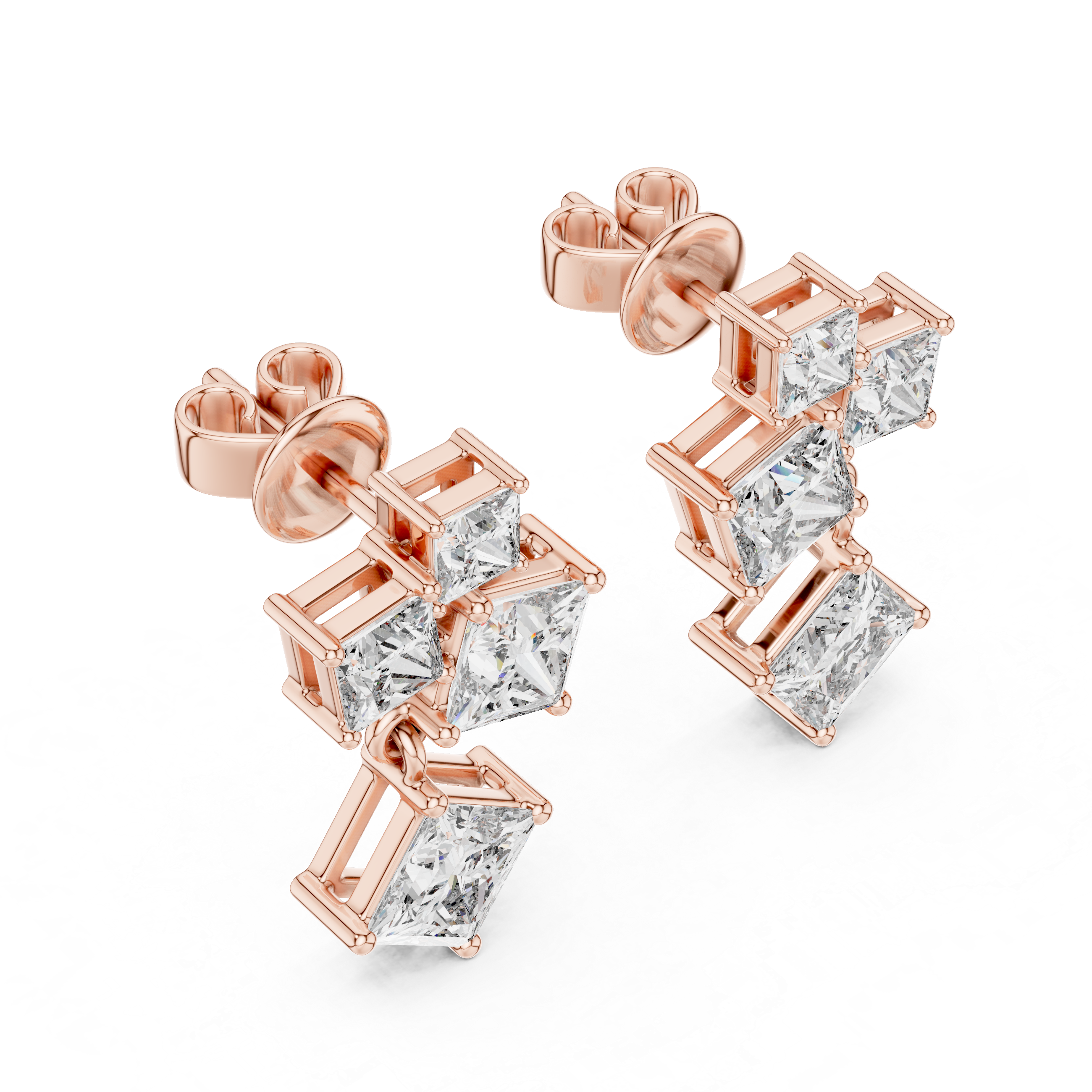 Rose gold earrings with clear gemstones on a white background