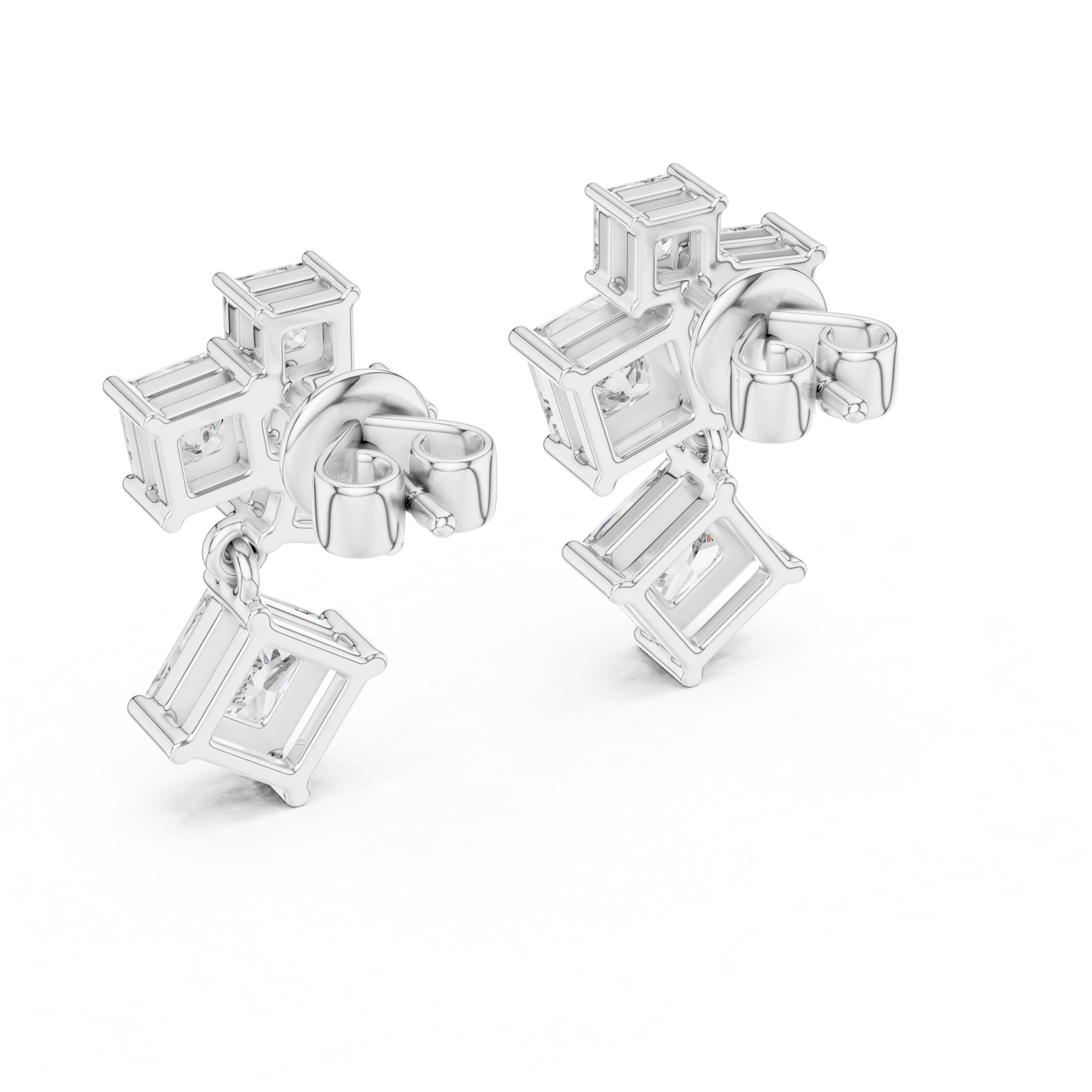 Silver earrings with rectangular gemstones on a white background