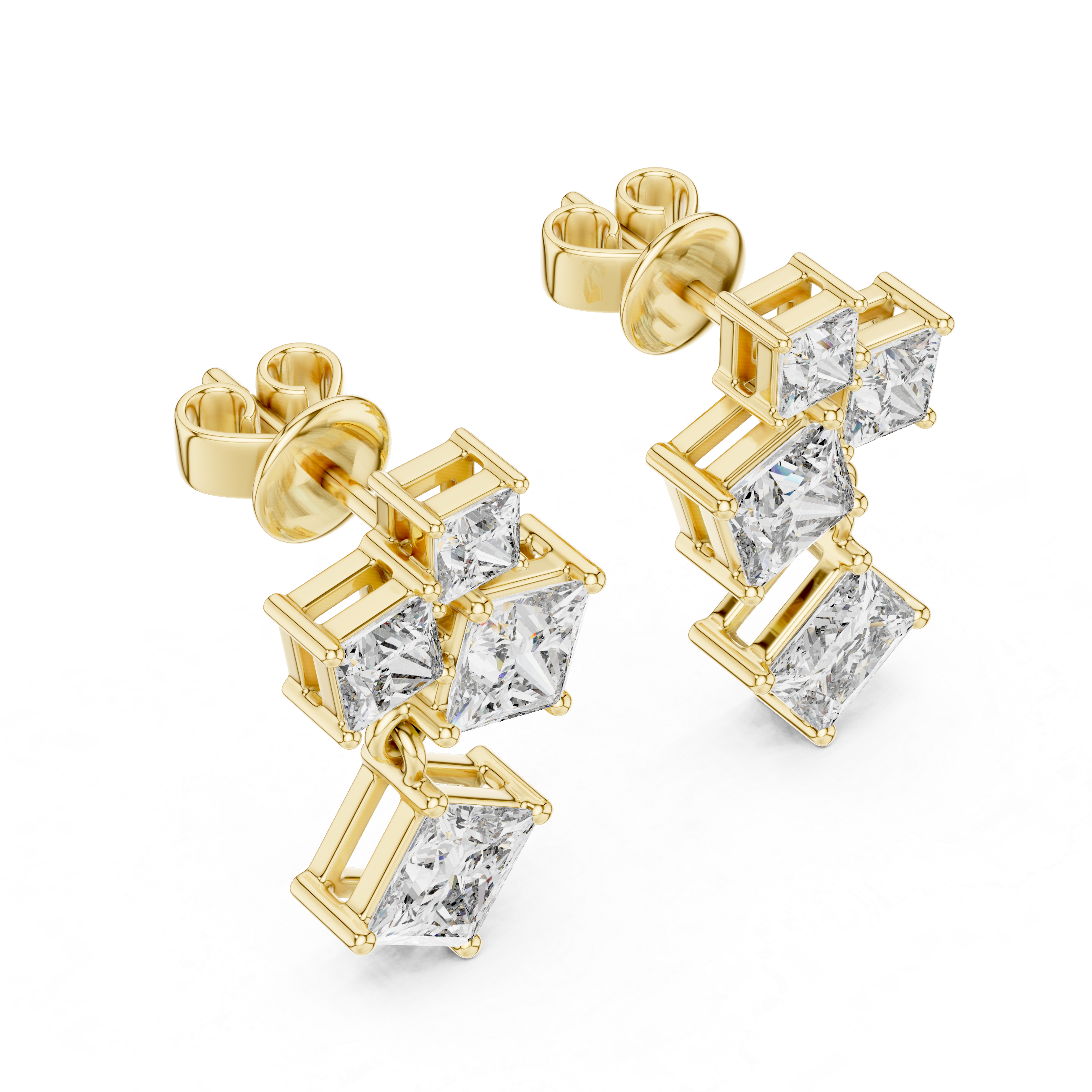 Gold earrings with clear gemstones on a white background