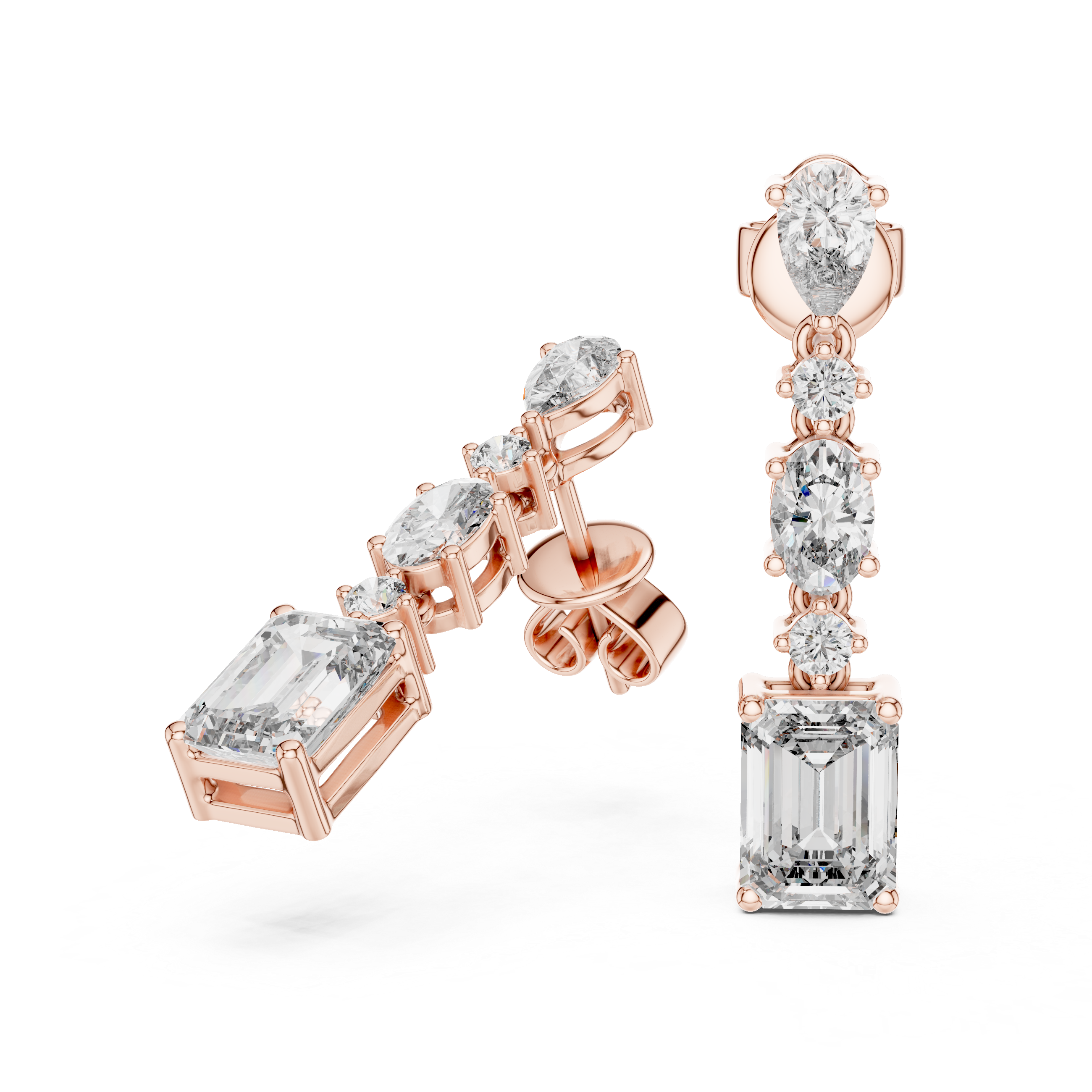 Rose gold earrings with clear gemstones on a white background