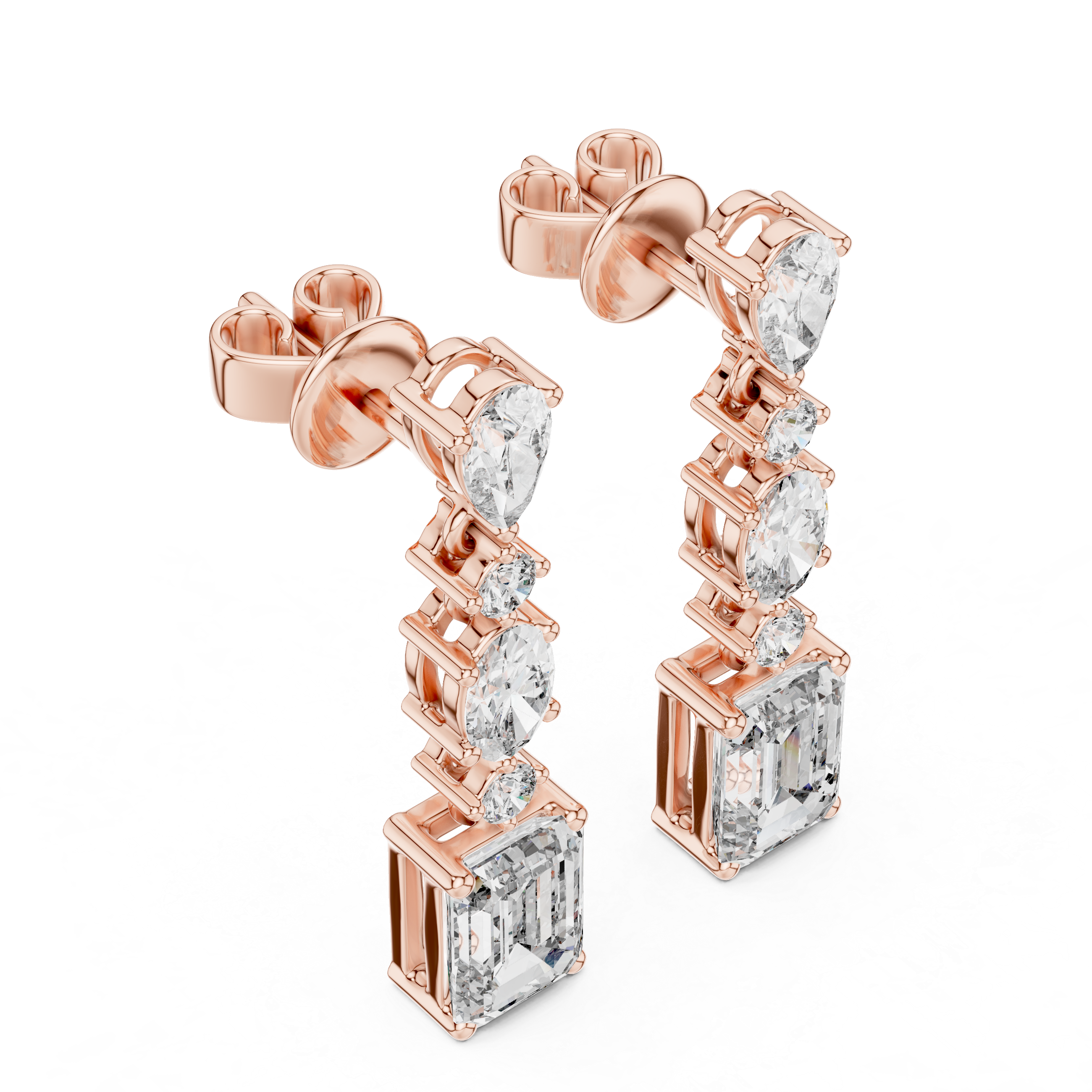 Rose gold earrings with diamond accents on a white background