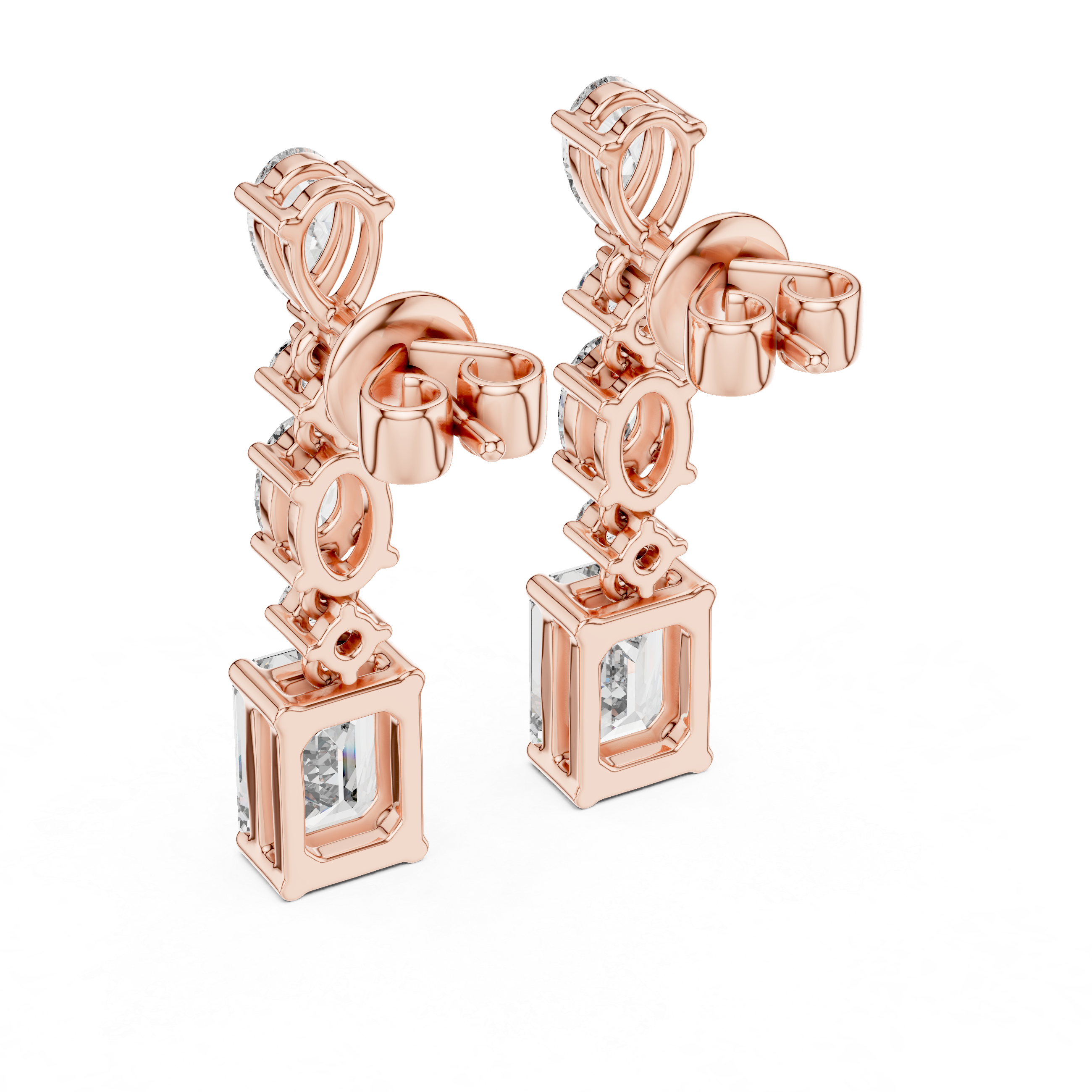 Rose gold earrings with clear gemstones on a white background