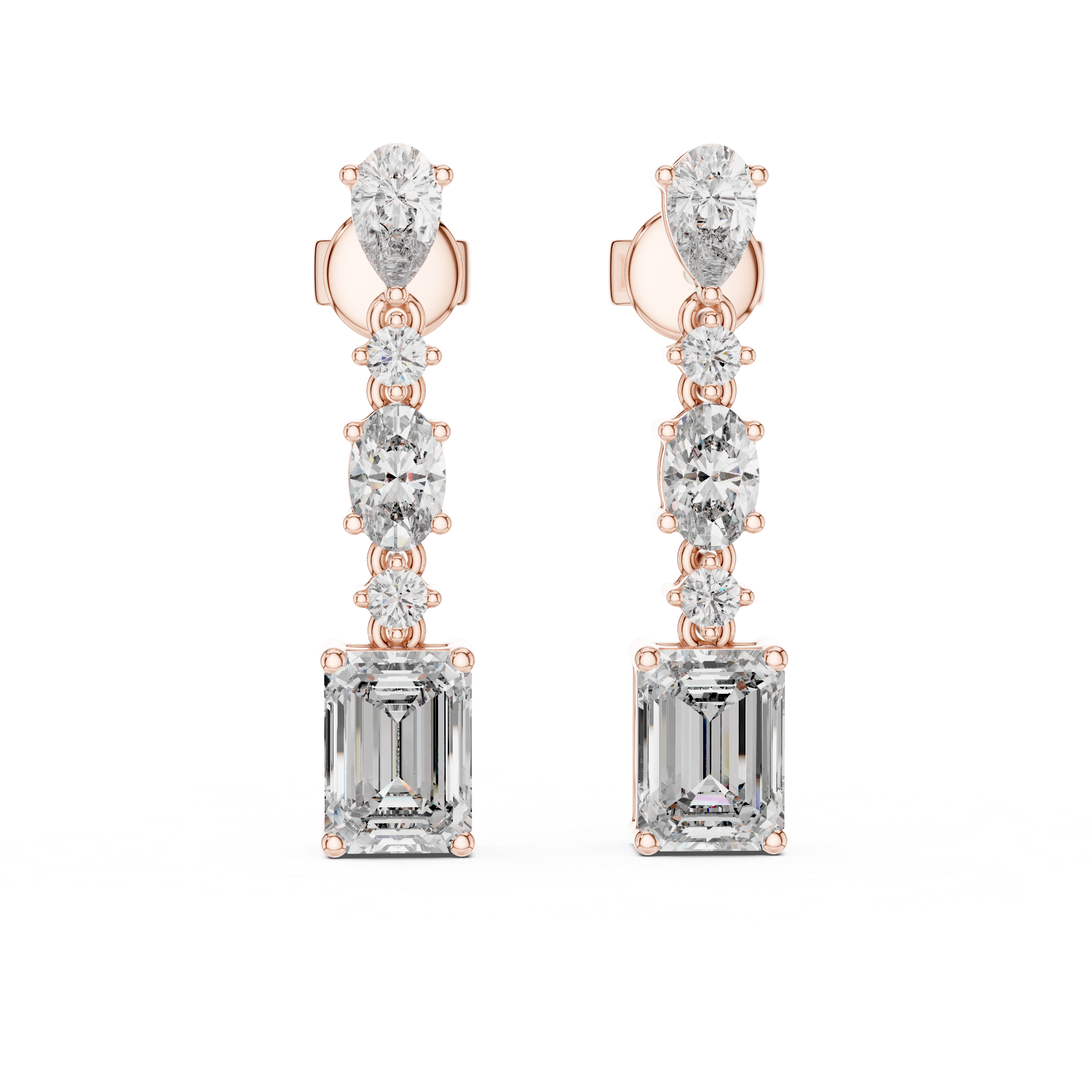 Rose gold and silver drop earrings with clear gemstones on a white background