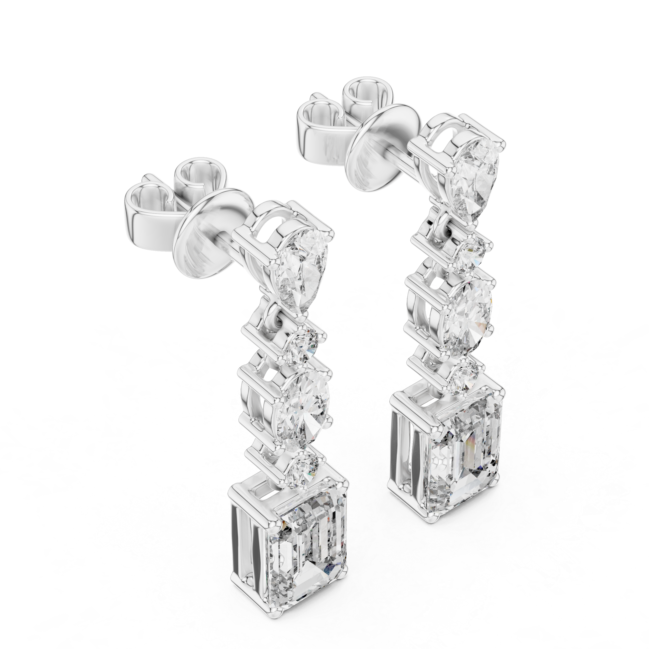 Diamond earrings with rectangular cut stones on a white background