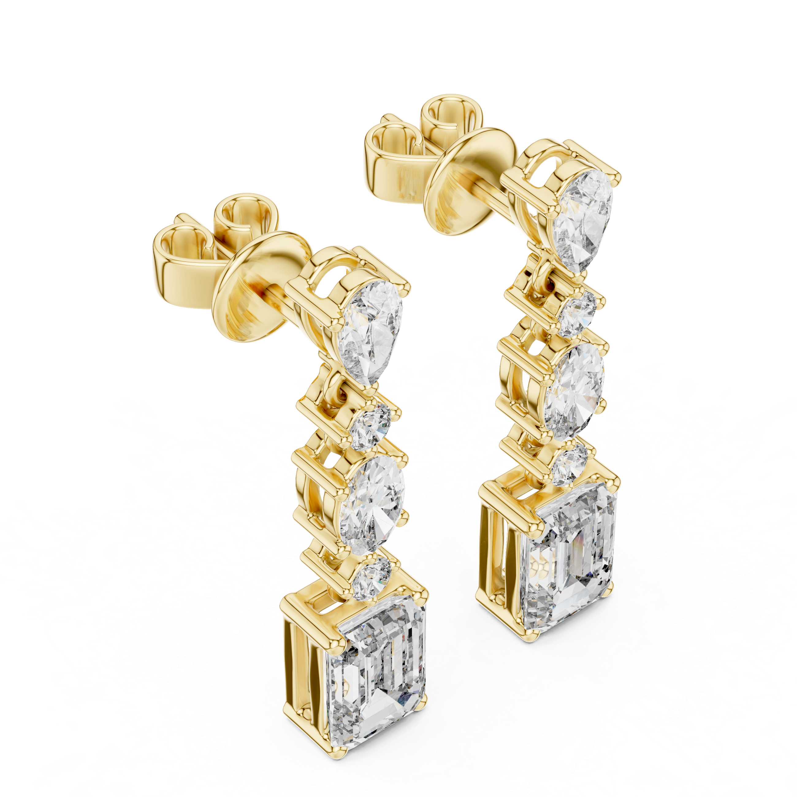 Gold earrings with clear gemstones on a white background