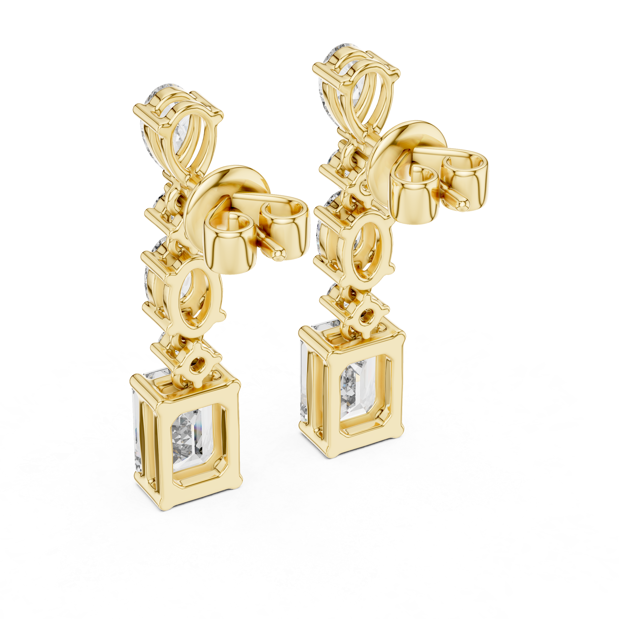 Gold earrings with rectangular gemstones on a white background