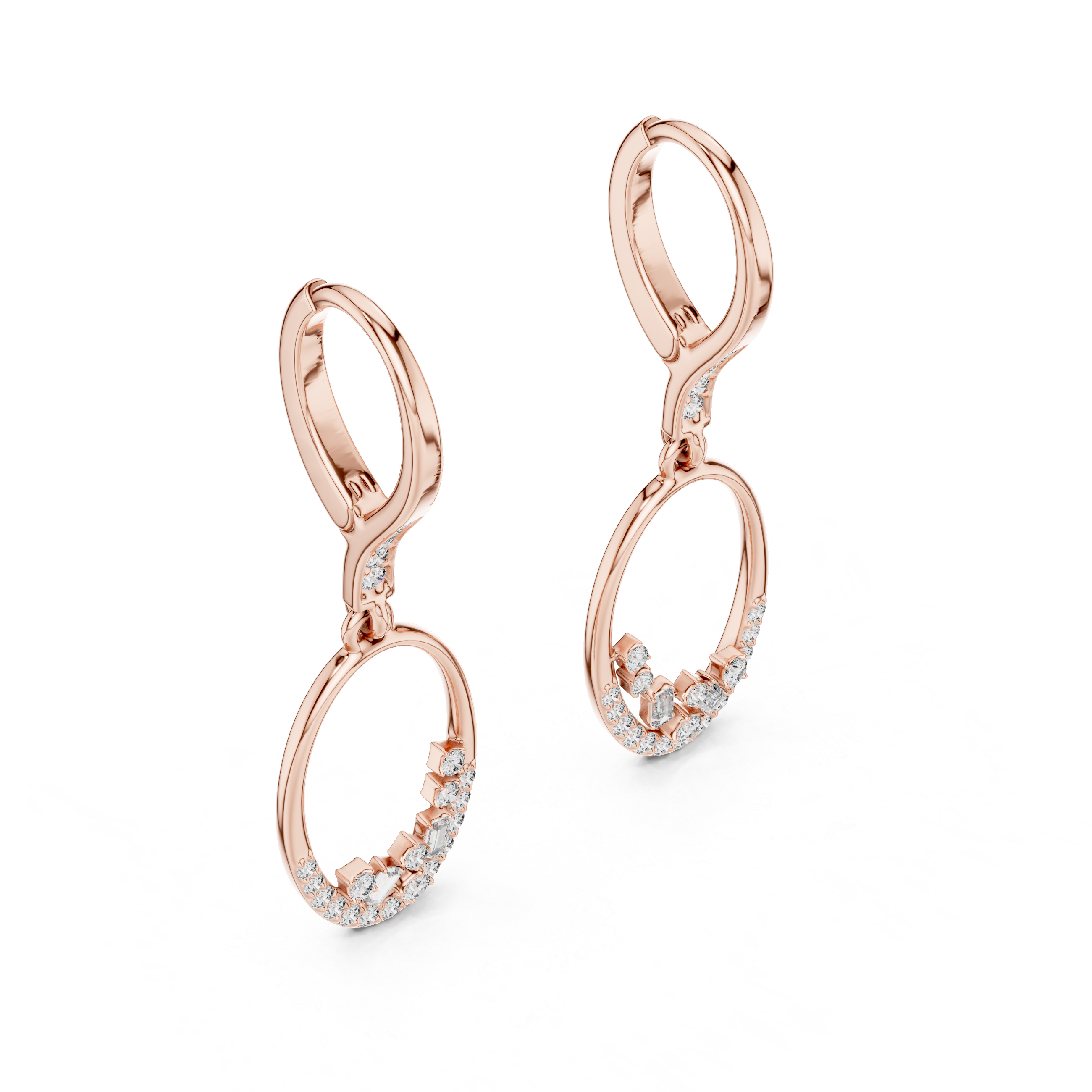 Rose gold earrings with diamond accents on a white background