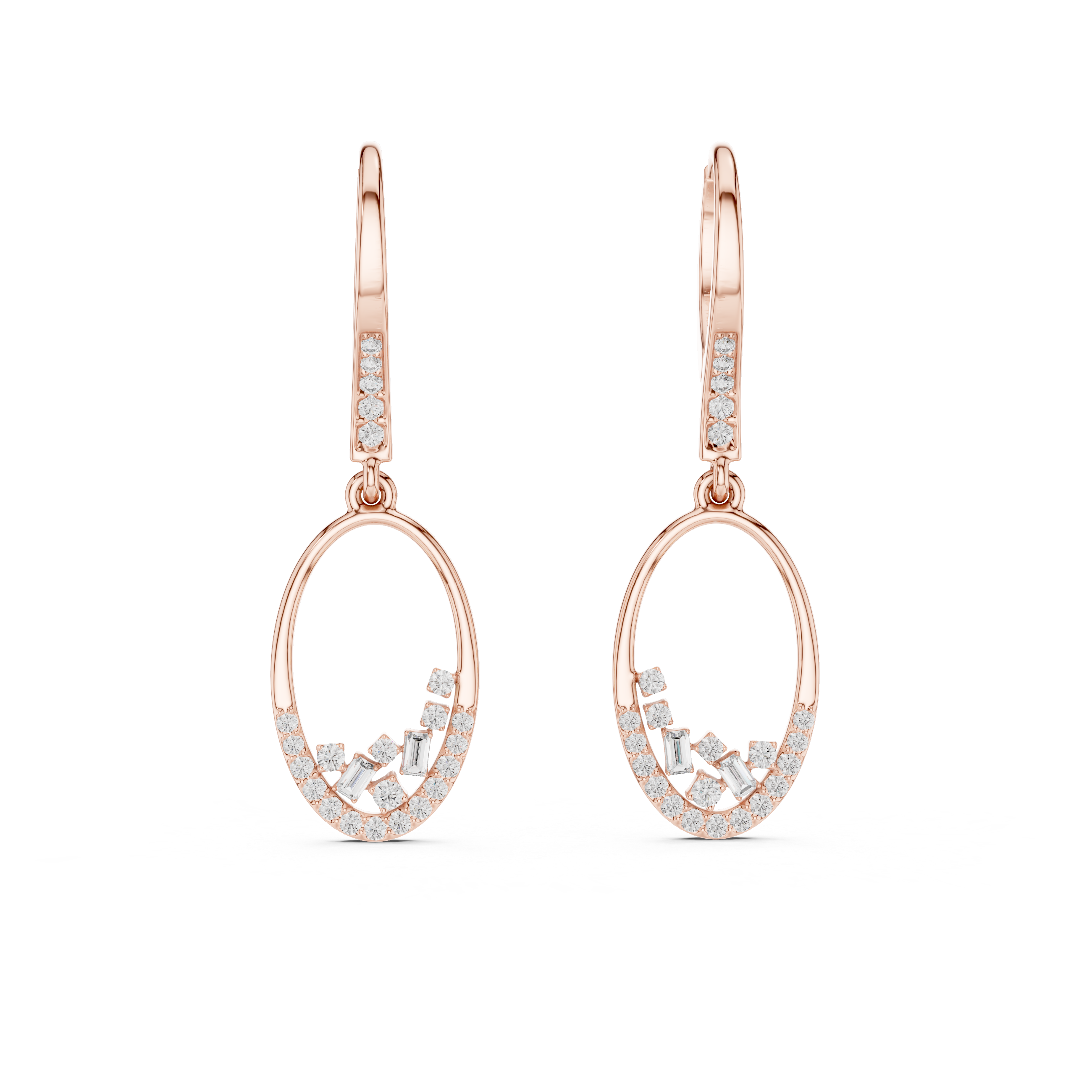 Rose gold earrings with diamond accents on a white background