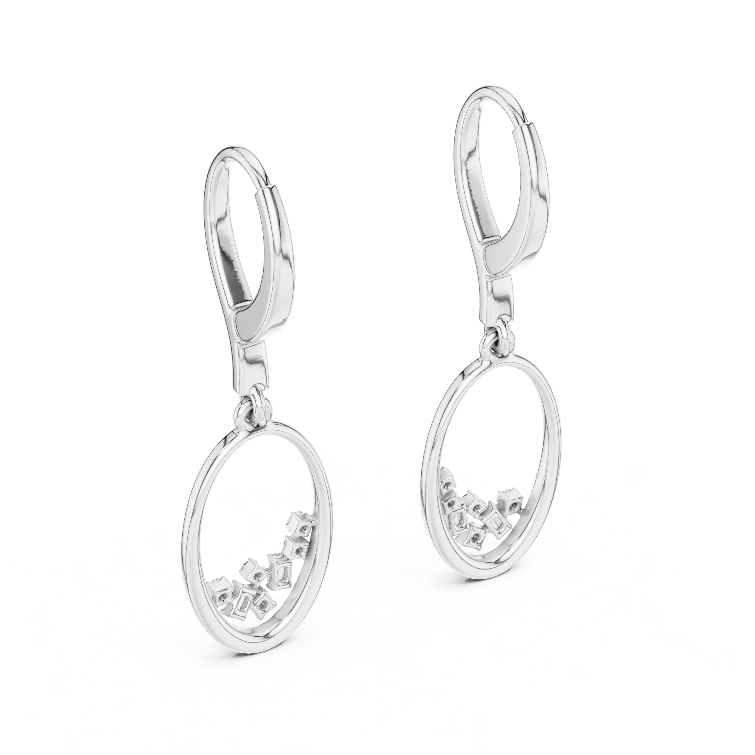 Pair of silver earrings with small diamonds on a white background