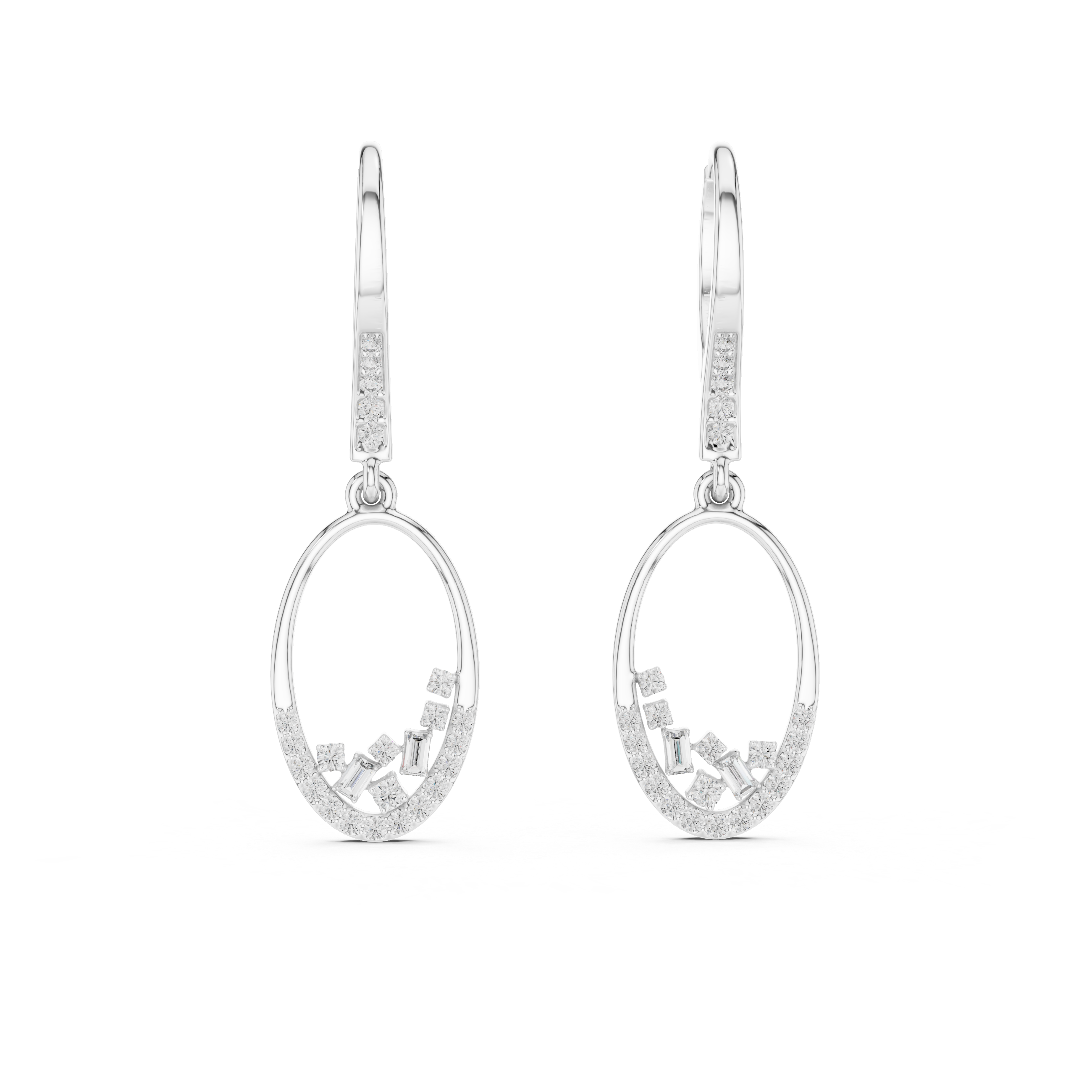Pair of silver hoop earrings with small diamonds on a white background