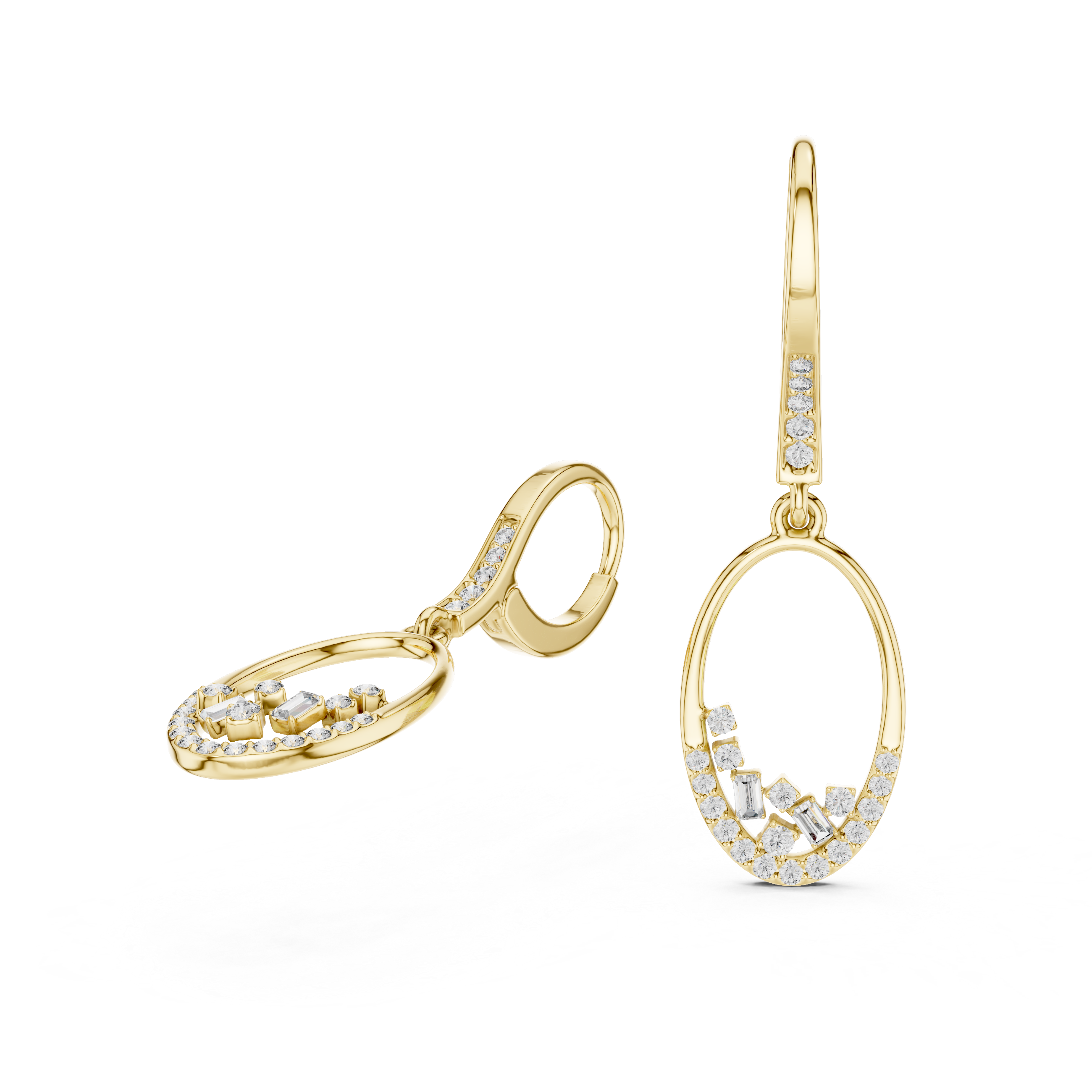 Gold hoop earrings with diamond accents on a white background