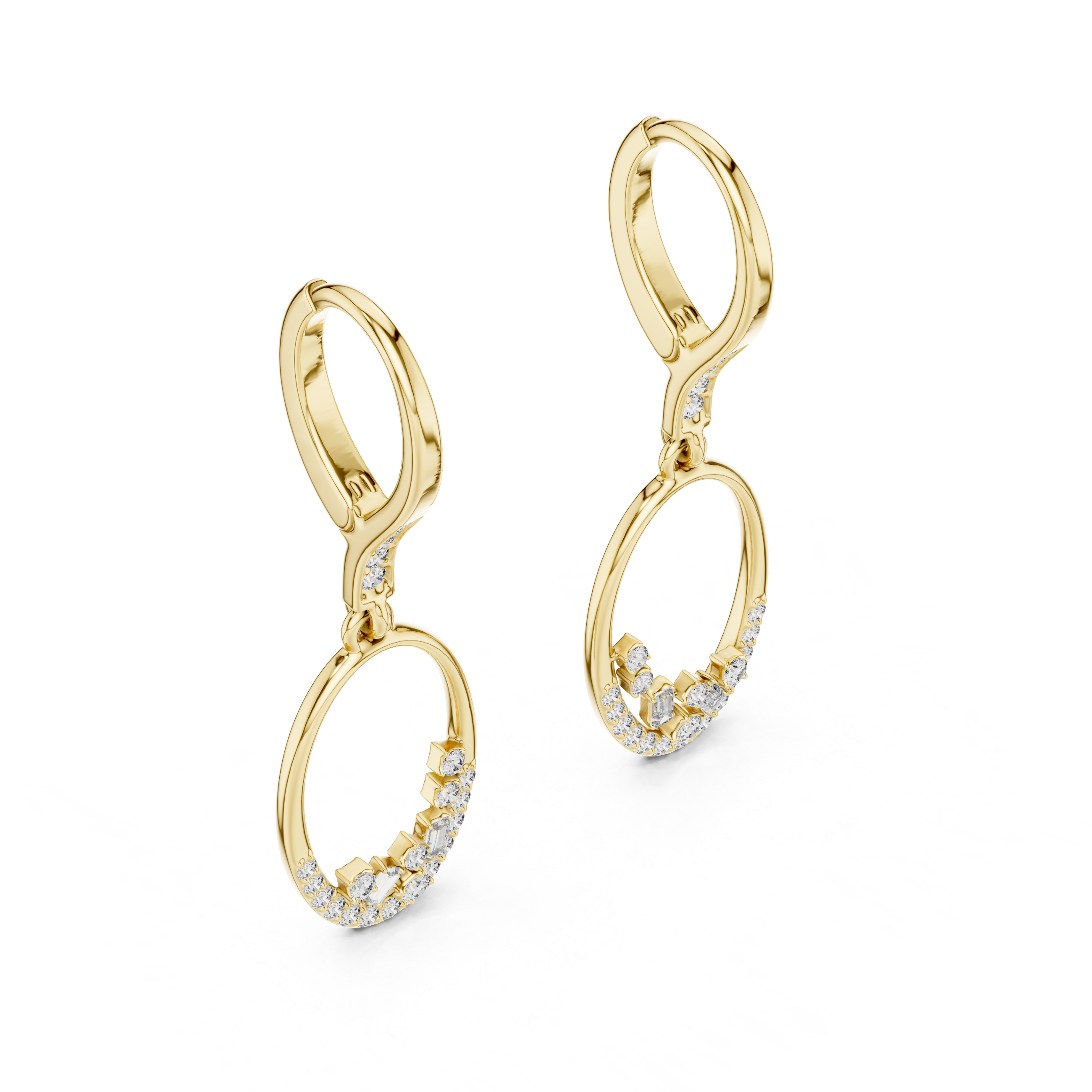 Gold hoop earrings with diamond accents on a white background
