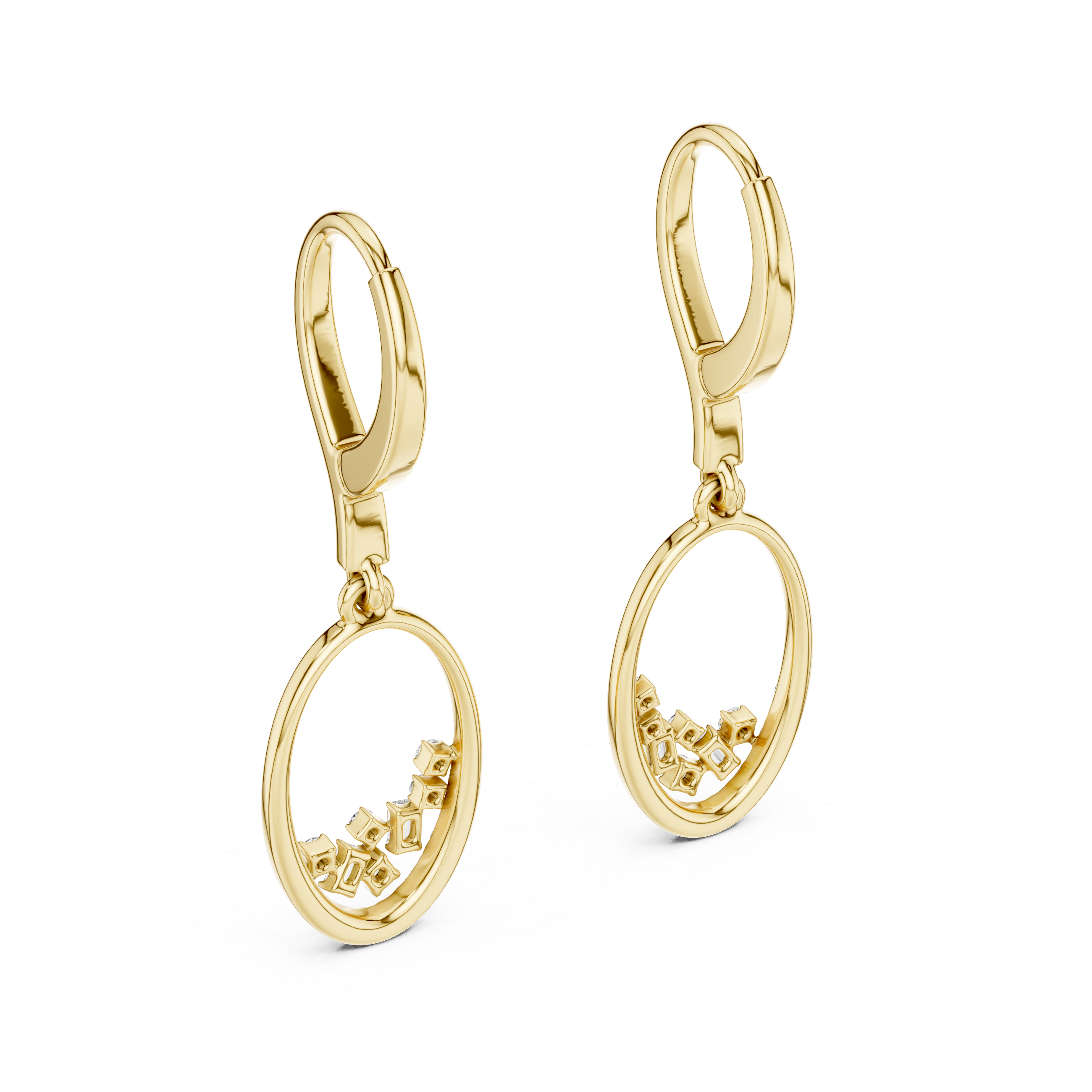 Gold earrings with circular design on a white background