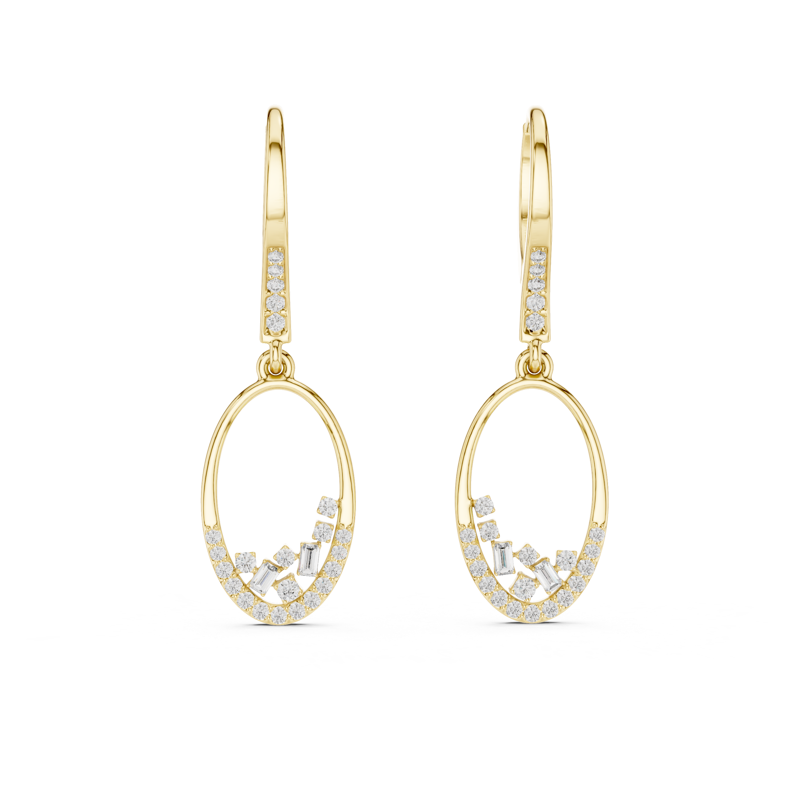 Gold earrings with diamond accents on a white background