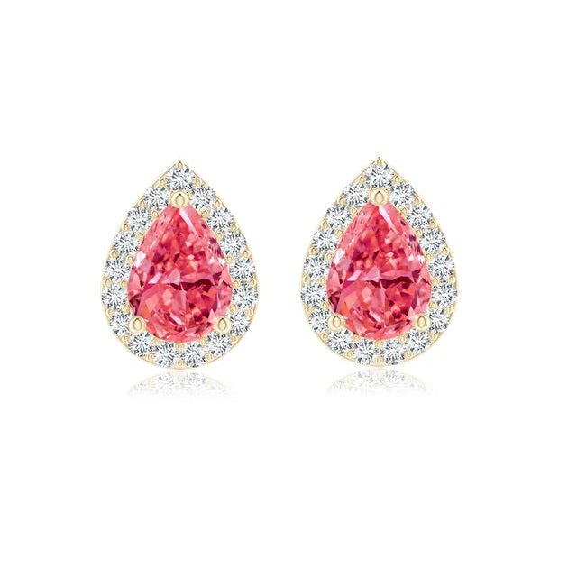 1.42 Tcw Pear-Shaped Lab-Grown Fancy Pink Diamond Halo Stud Earrings