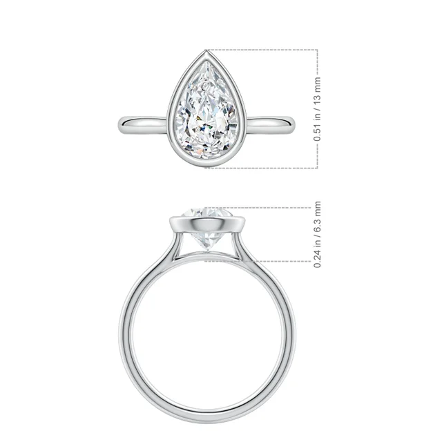 Silver ring with pear-shaped diamond and measurements on a white background