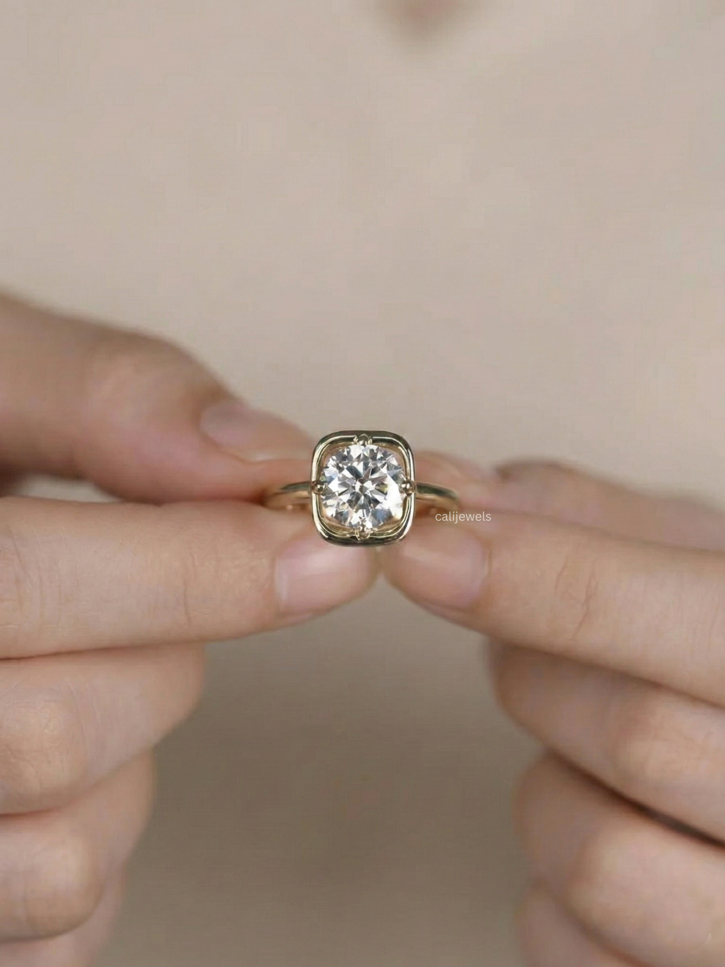 Round Cut Lab Grown Diamond Square Bezel Set Solitaire Ring