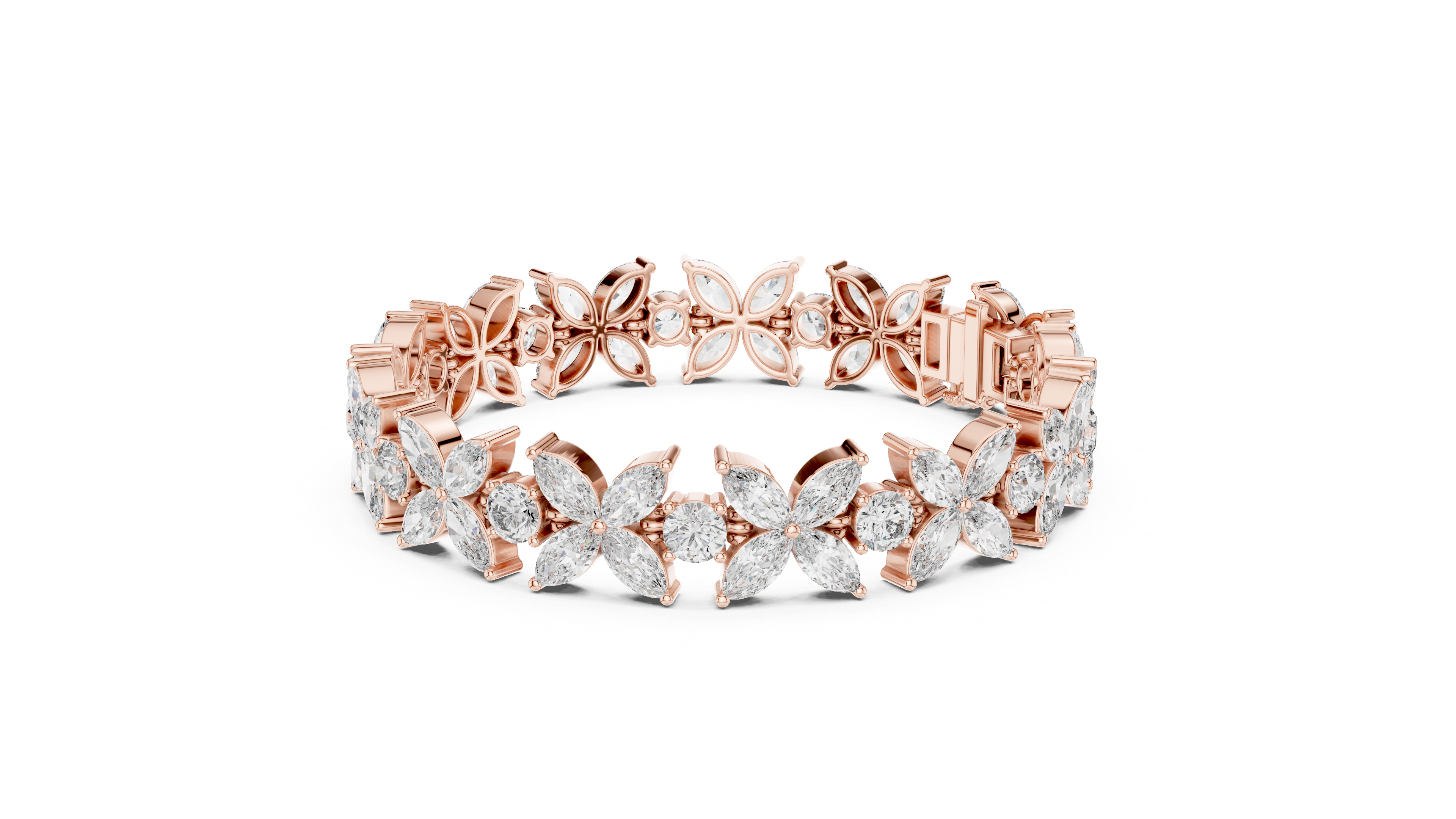 Rose gold bracelet with diamond accents on a white background