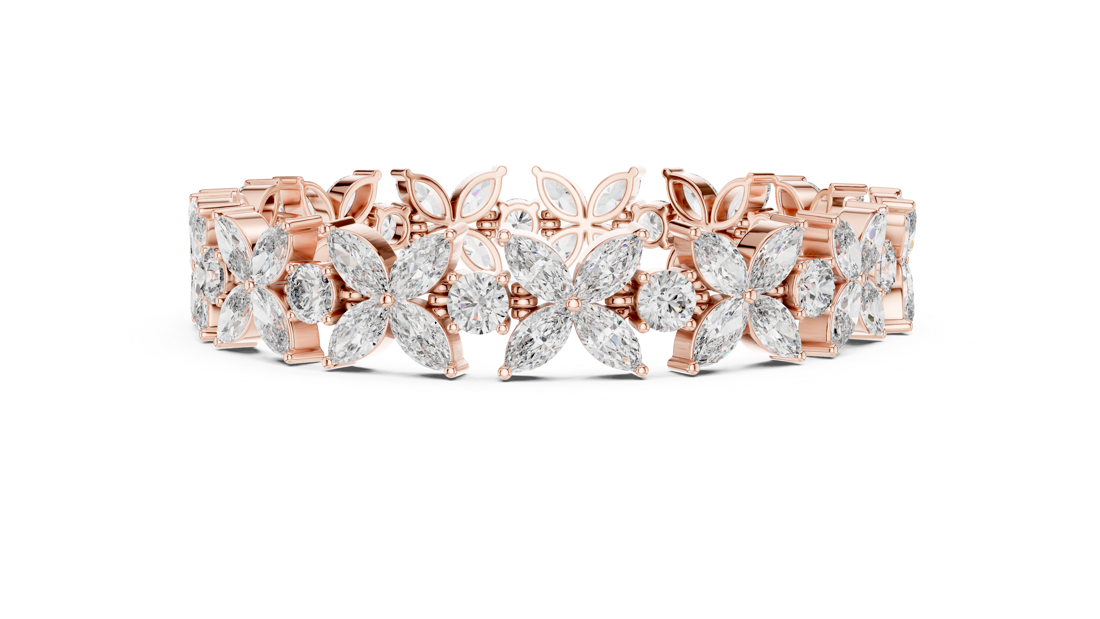 Rose gold bracelet with diamond accents on a white background