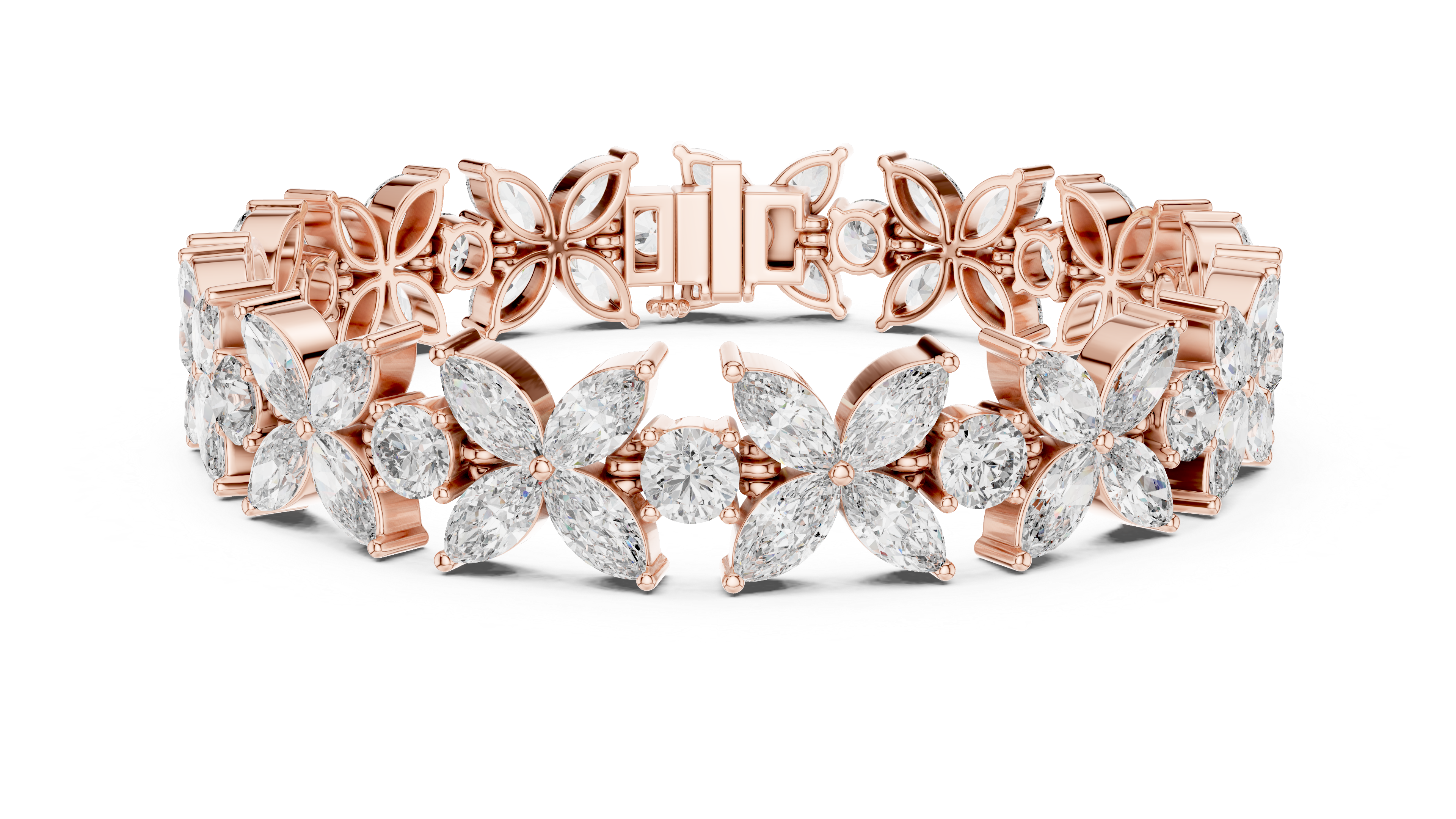 Rose gold bracelet with diamond accents on a white background