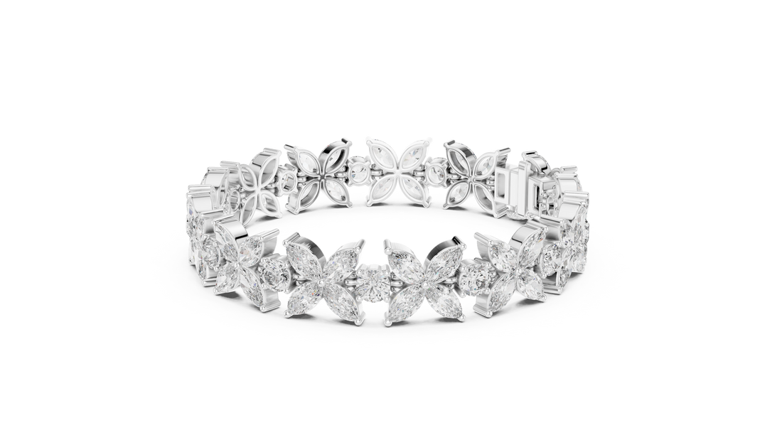 Luxurious Floral Marquise & Round Cut Diamond Bracelet in 14-KT White Gold