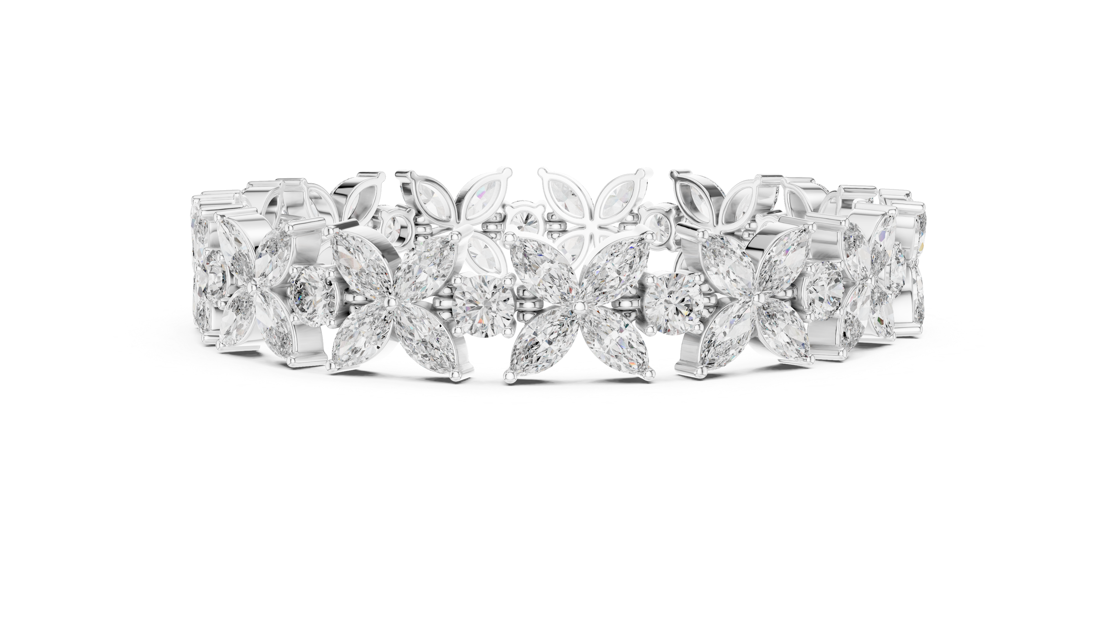 Diamond ring with floral design on a white background