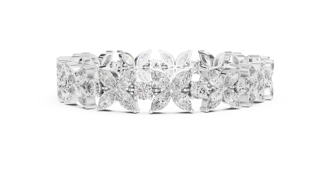 Luxurious Floral Marquise & Round Cut Diamond Bracelet in 14-KT White Gold