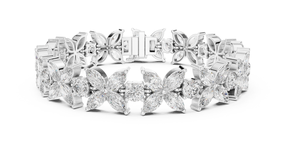 Luxurious Floral Marquise & Round Cut Diamond Bracelet in 14-KT White Gold