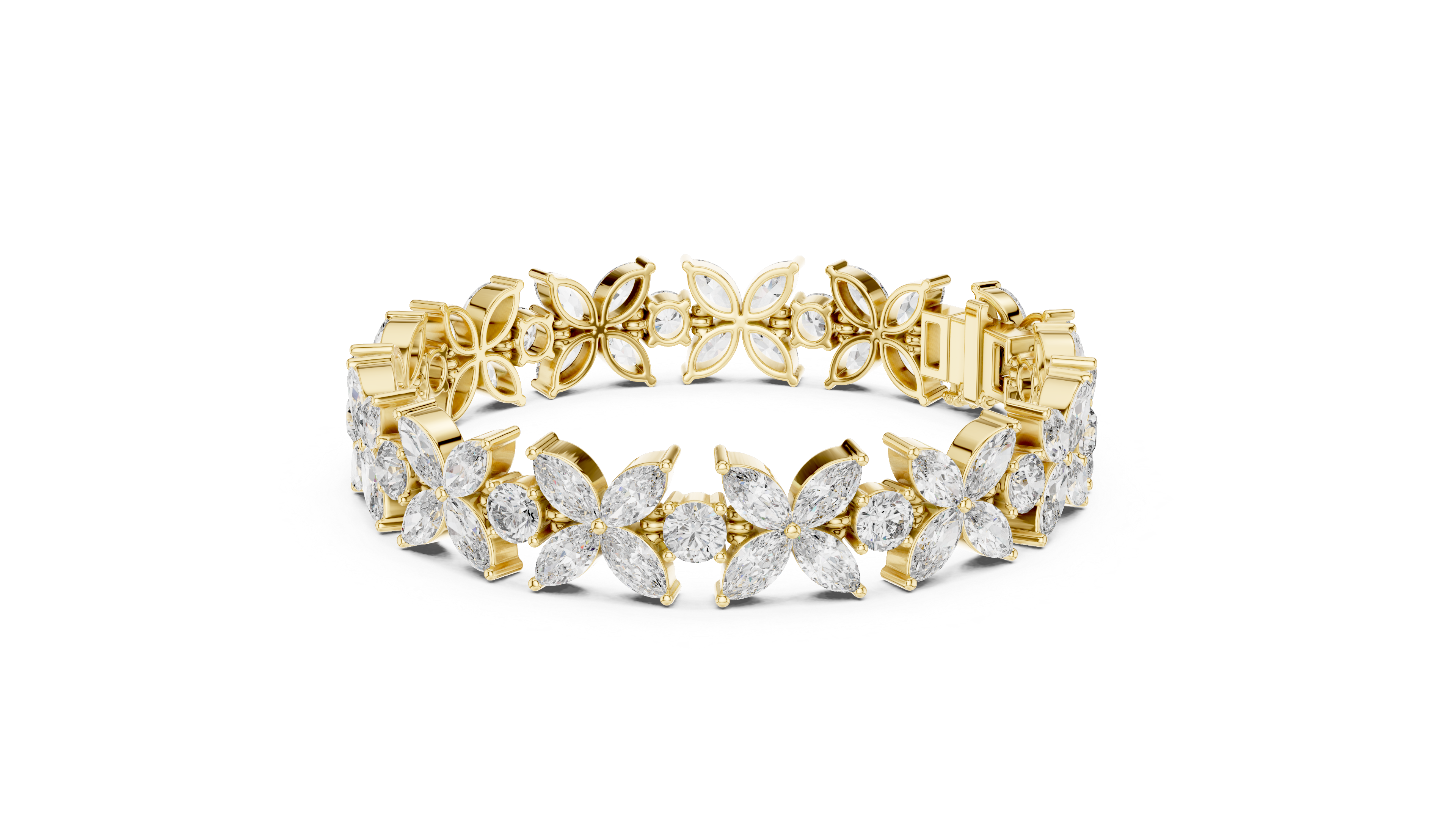 Gold bracelet with diamond accents on a white background