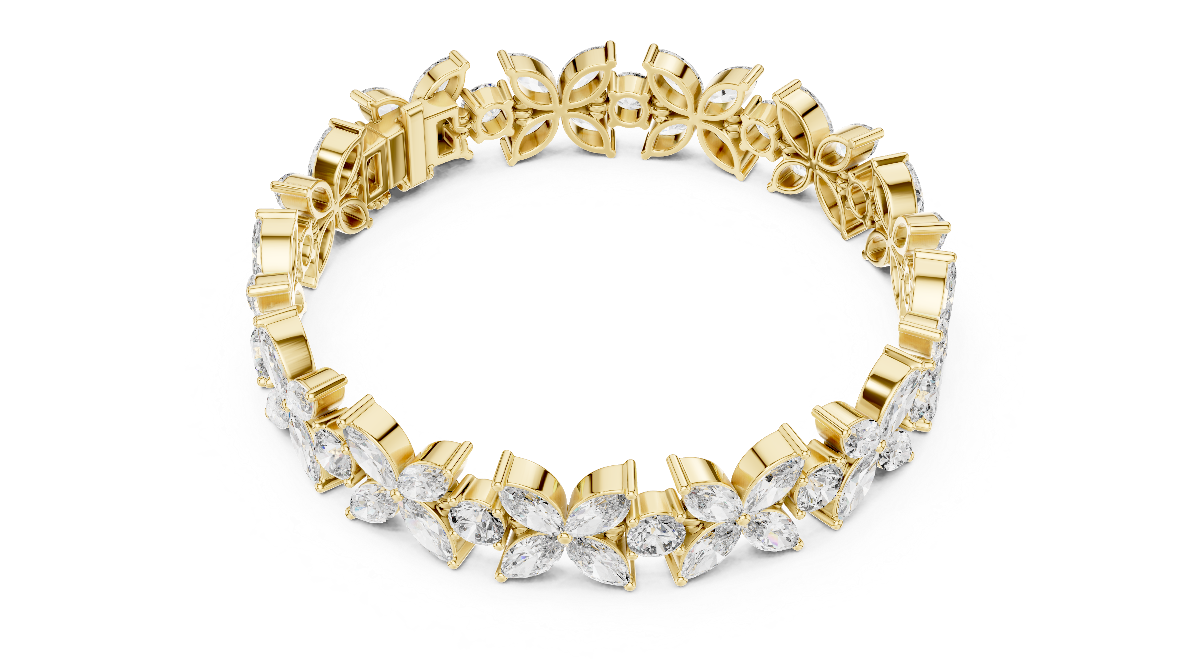 Gold bracelet with clear stones on a white background