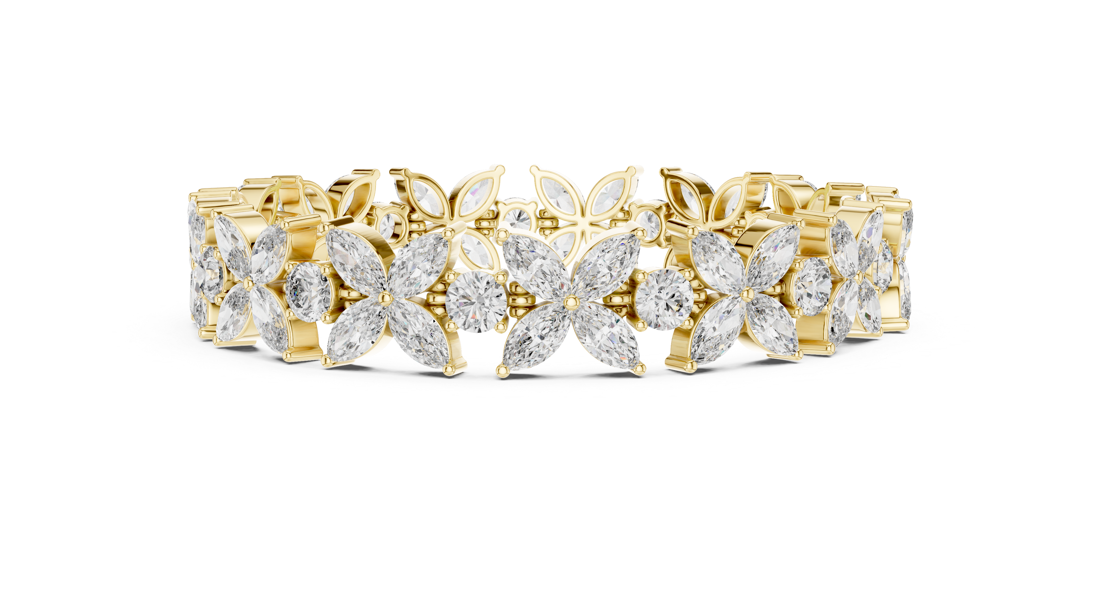 Gold bracelet with diamond floral designs on a white background