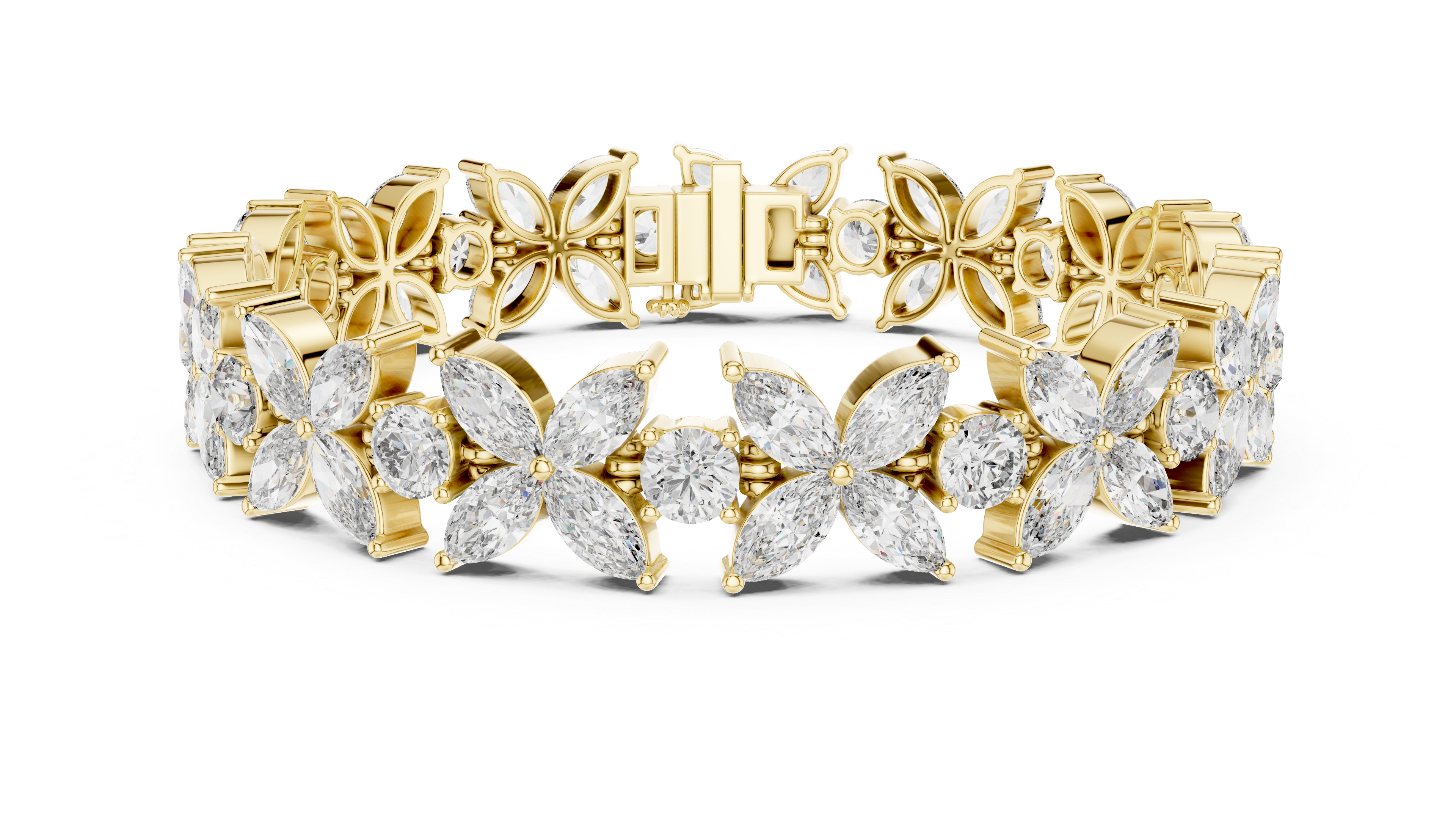 Gold bracelet with diamond accents on a white background