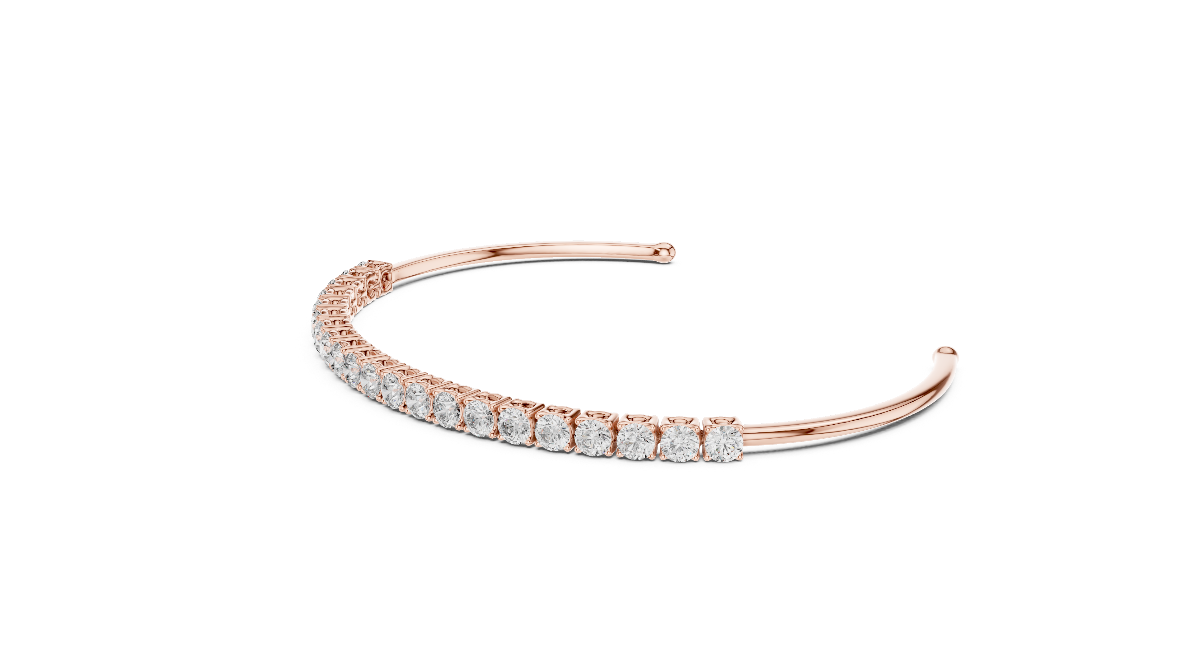 Rose gold bracelet with clear gemstones on a white background