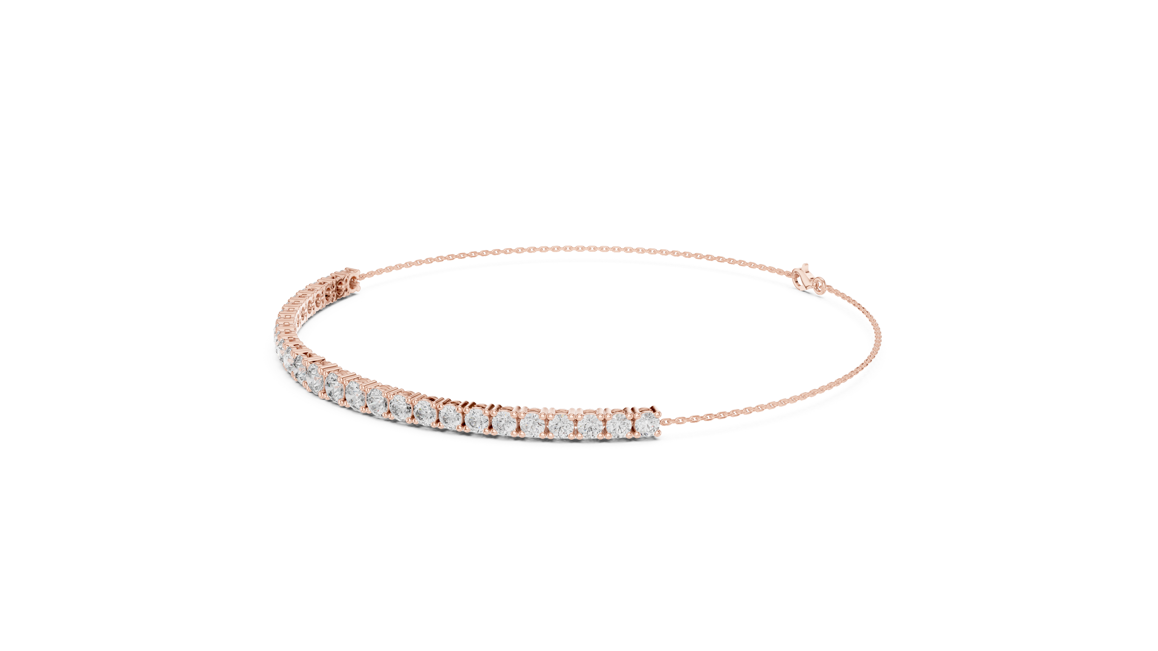 Rose gold bracelet with clear stones on a white background