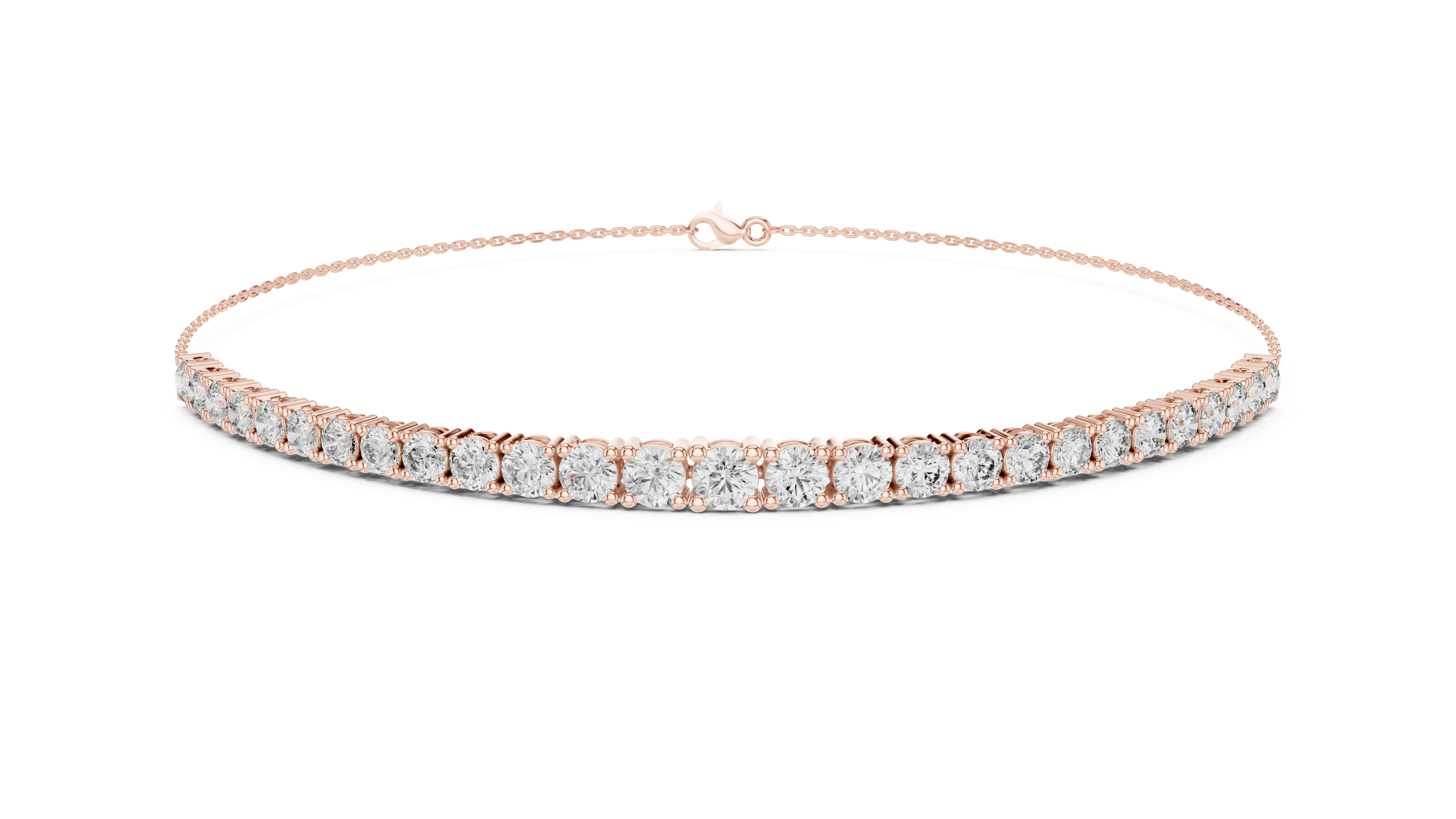 Rose gold choker necklace with diamonds on a white background