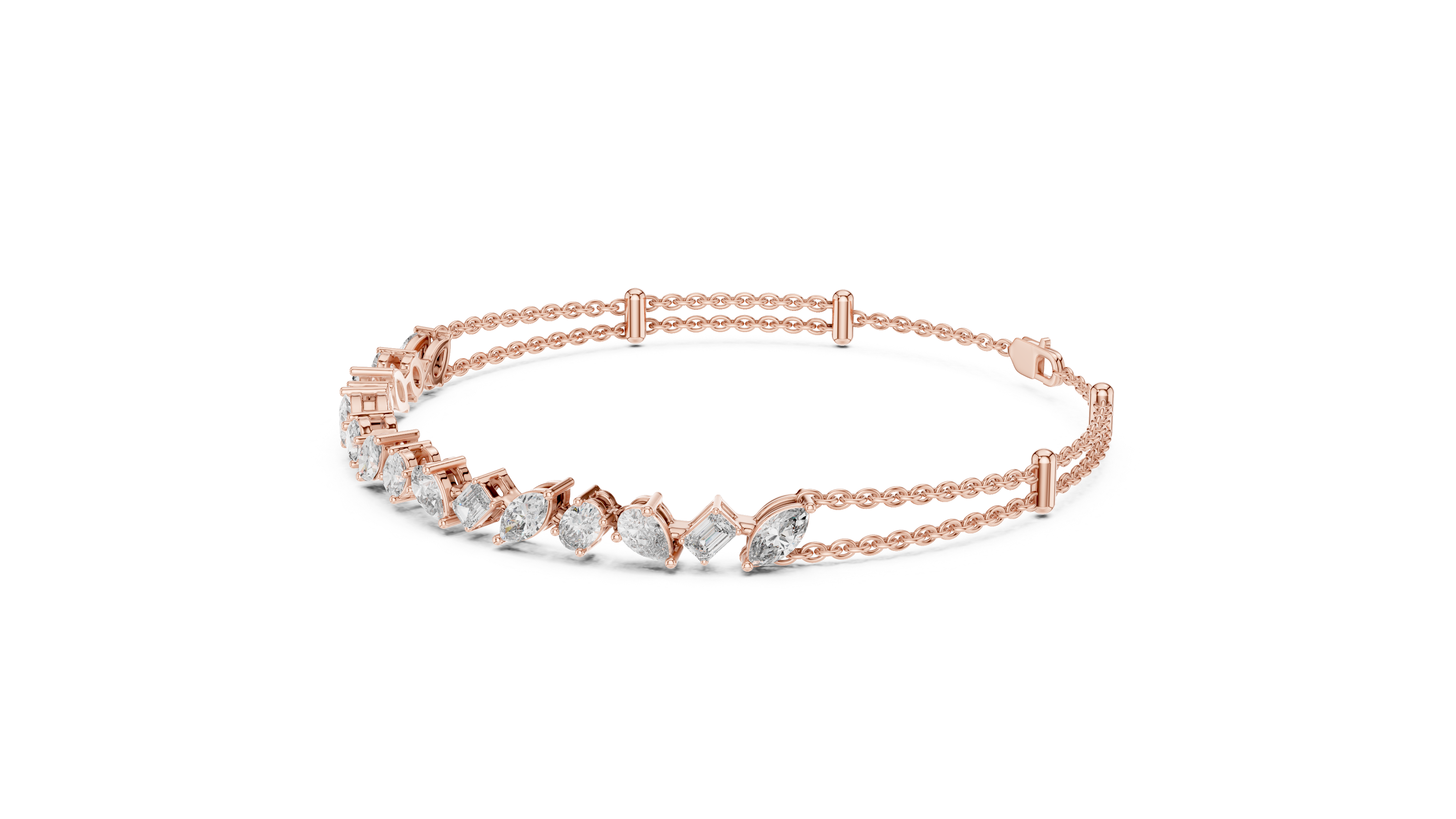 Rose gold bracelet with clear stones on a white background