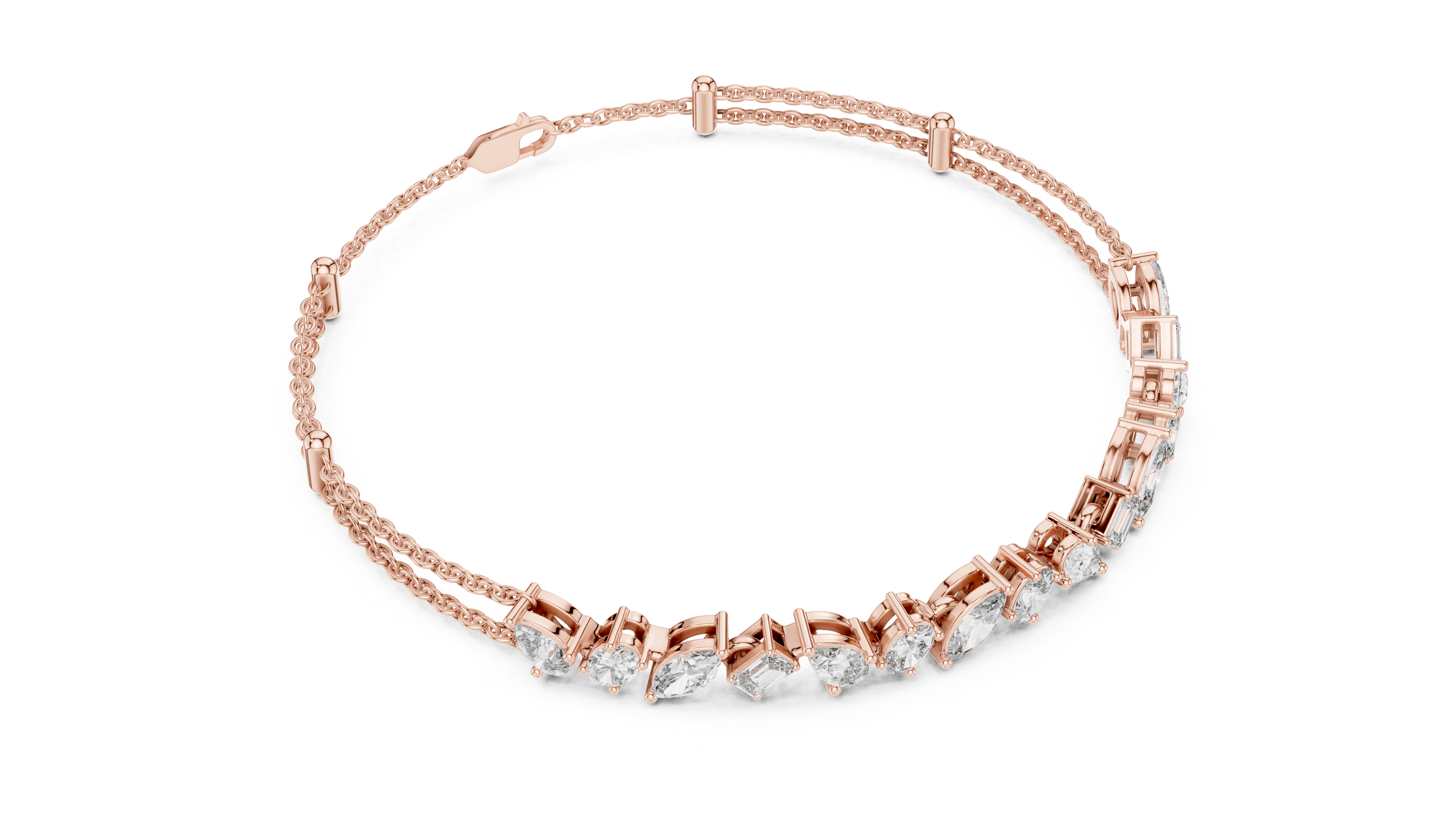 Rose gold bracelet with clear stones on a white background