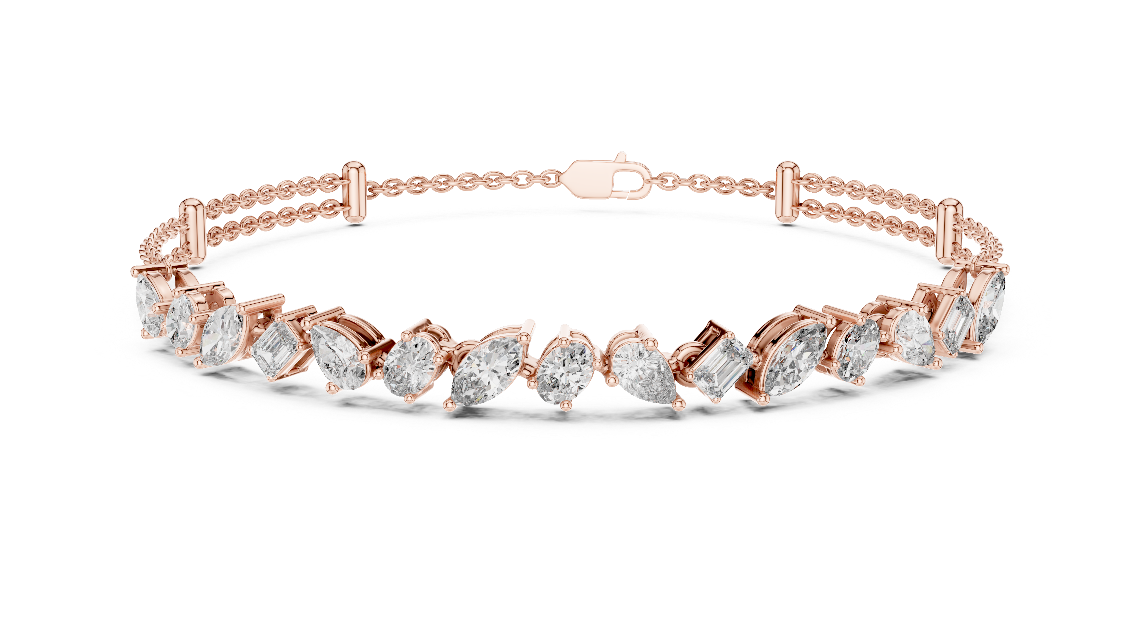 Rose gold bracelet with diamonds on a white background